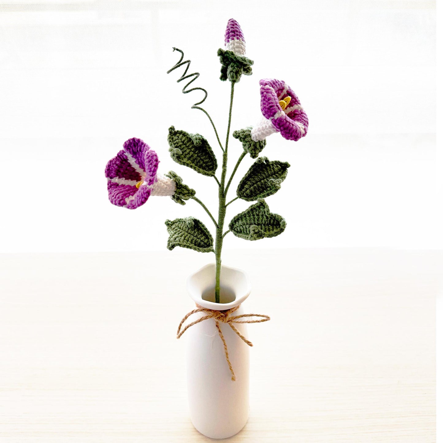 Handmade Crochet Morning Glory Stem | Purple White Green | Crocheted Bouquet (no vase) | Artificial Flower | Mother's day Anniversary
