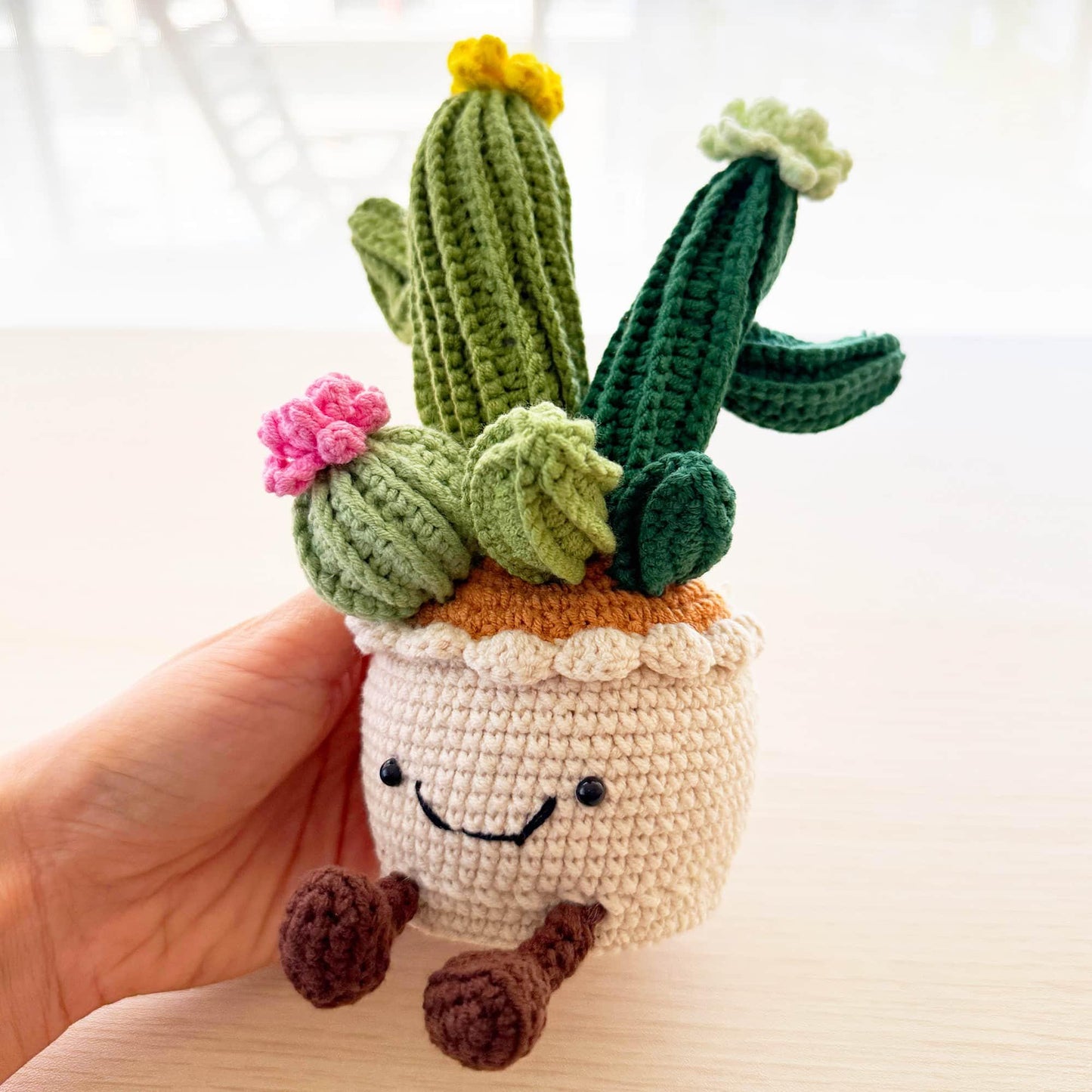 Handmade Crochet Cactus Smiley Pot | Flower Doll | Green | Beige | Home Decor | Gift for Kids Girl Friend | Cute Plushie