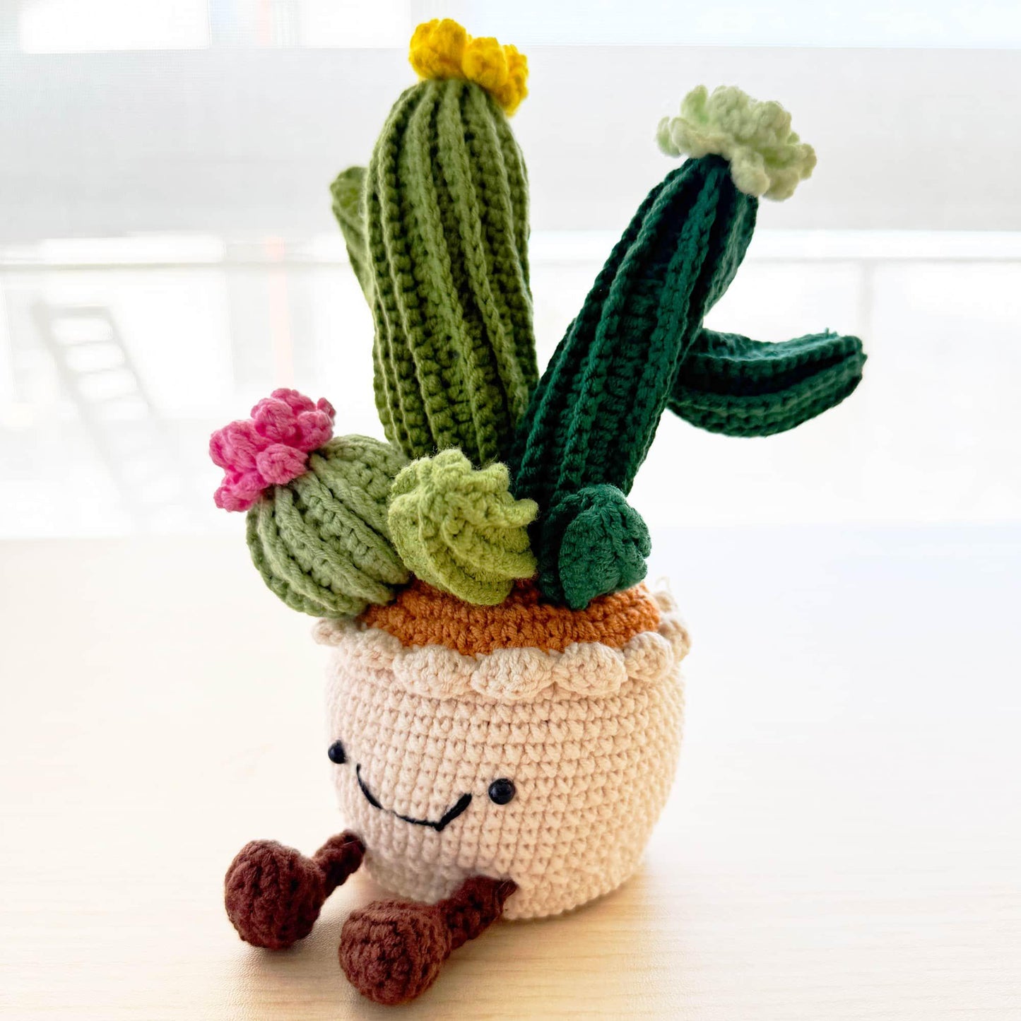 Handmade Crochet Cactus Smiley Pot | Flower Doll | Green | Beige | Home Decor | Gift for Kids Girl Friend | Cute Plushie