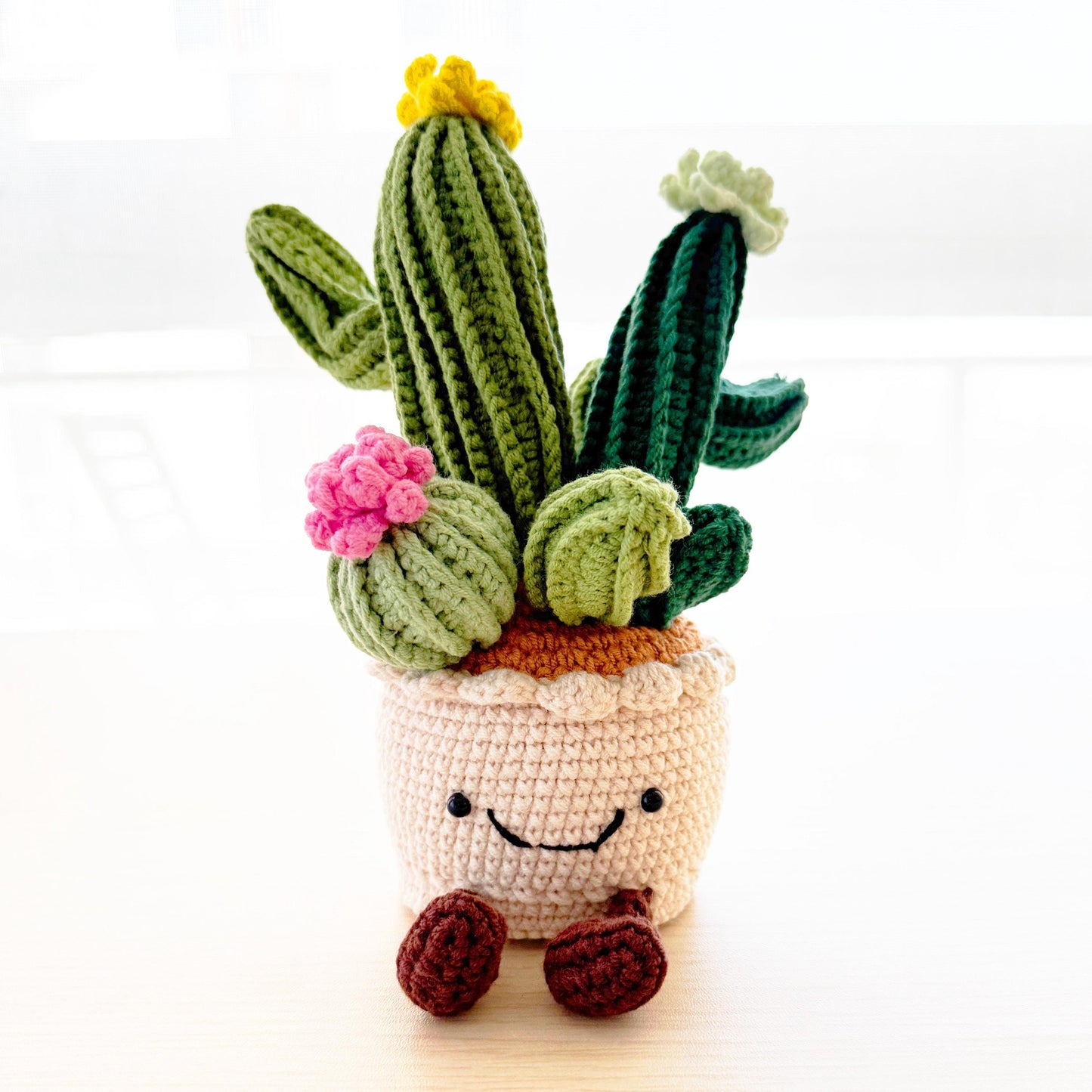 Handmade Crochet Cactus Smiley Pot | Flower Doll | Green | Beige | Home Decor | Gift for Kids Girl Friend | Cute Plushie