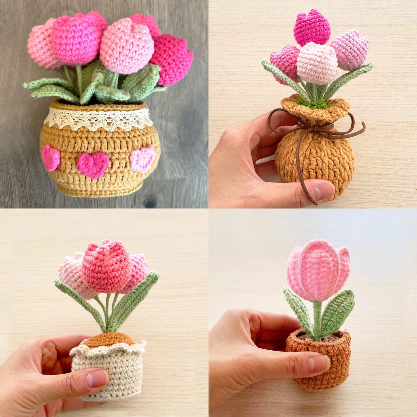 Handmade Crochet Flower Pot (included) Vase (included) | Pink Tulip Decor | Pink Crochet Flower | Decorative Plants | Crochet Flowers