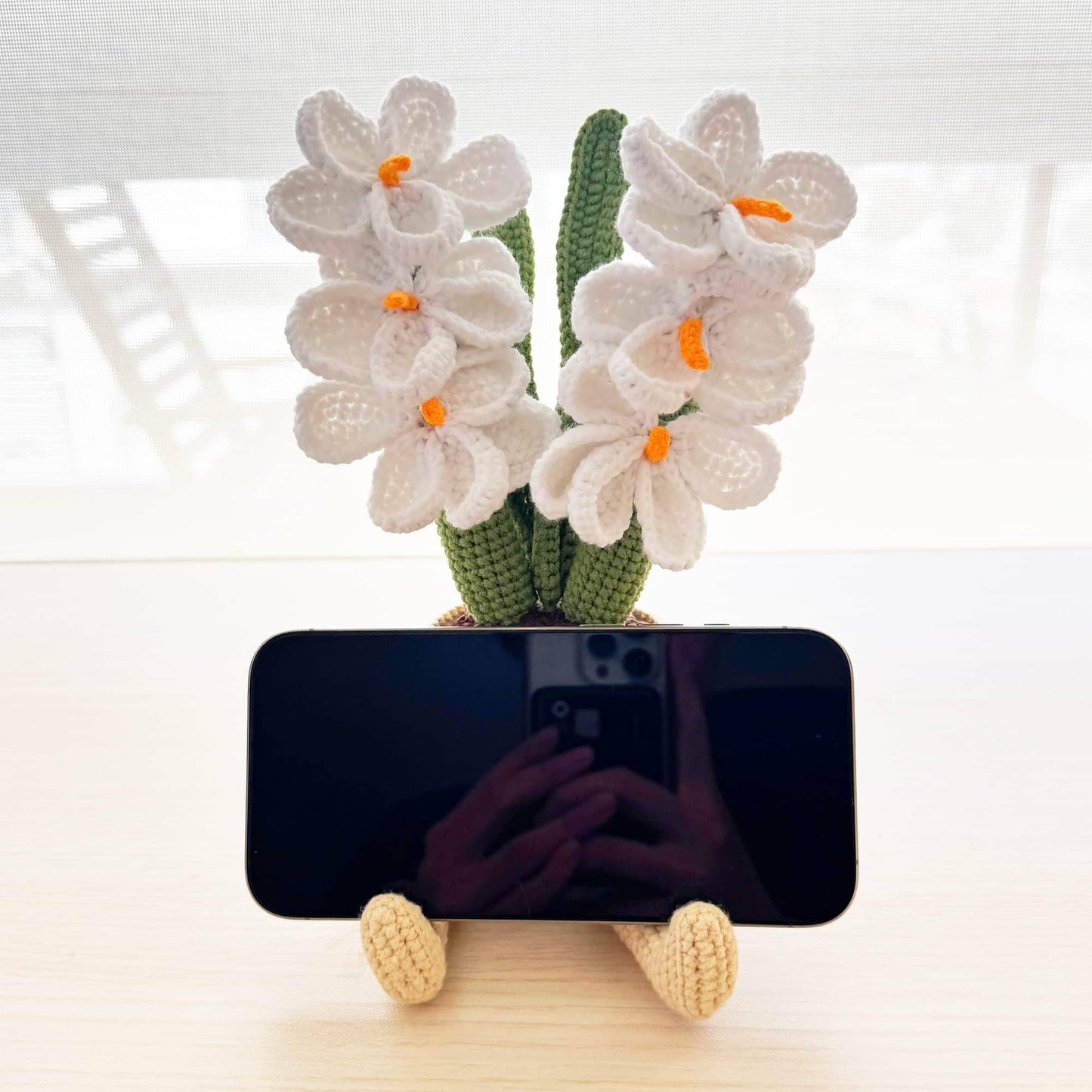 Handmade Crochet Orchids Smiley Pot | Flower Doll | Pink | White | Home Decor | Decorative Plants | Phone Holder | Gift for Kids Girl Friend