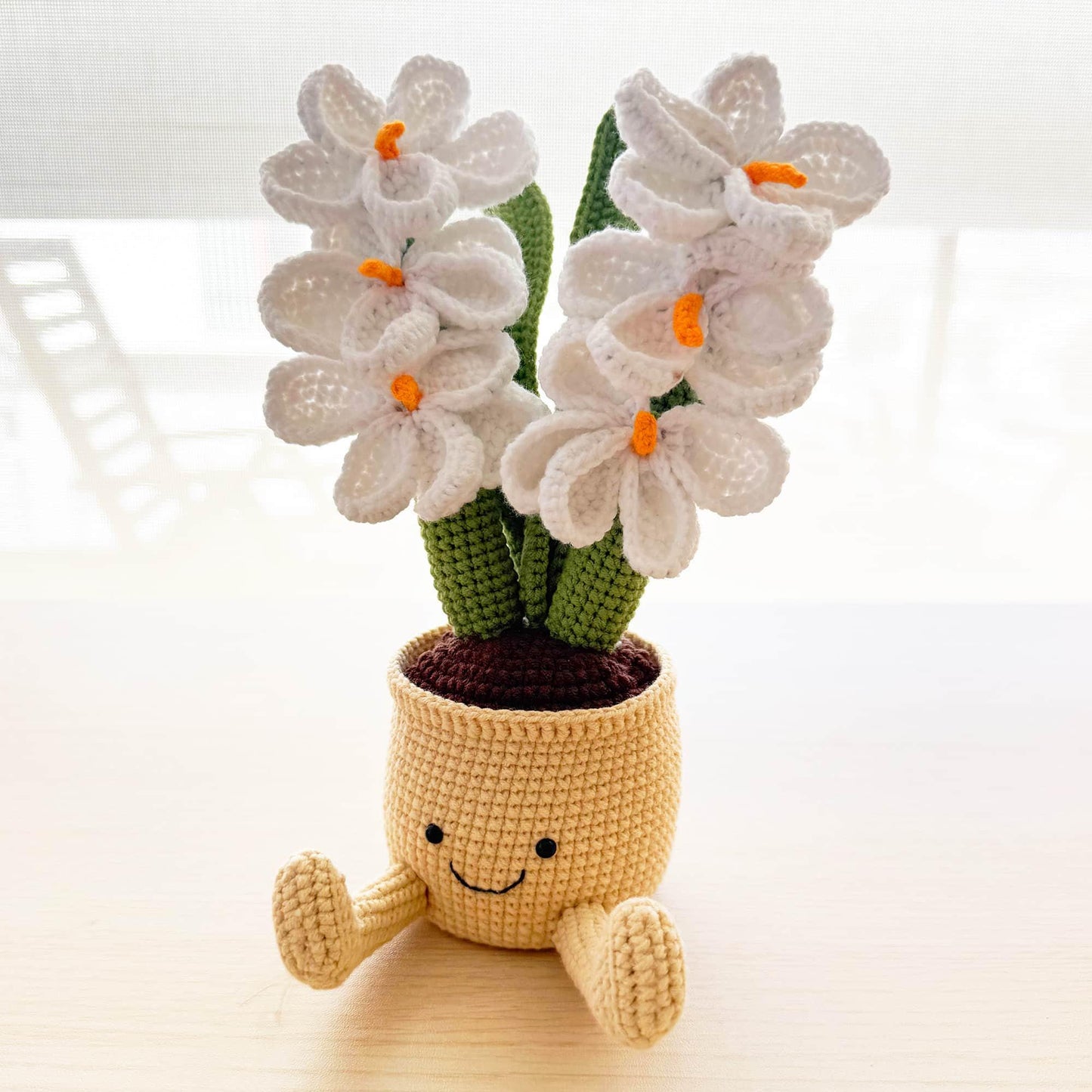 Handmade Crochet Orchids Smiley Pot | Flower Doll | Pink | White | Home Decor | Decorative Plants | Phone Holder | Gift for Kids Girl Friend