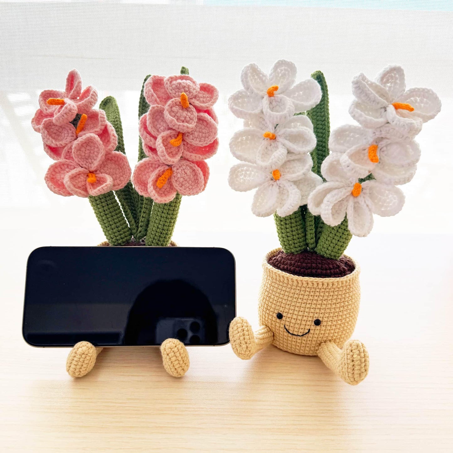 Handmade Crochet Orchids Smiley Pot | Flower Doll | Pink | White | Home Decor | Decorative Plants | Phone Holder | Gift for Kids Girl Friend