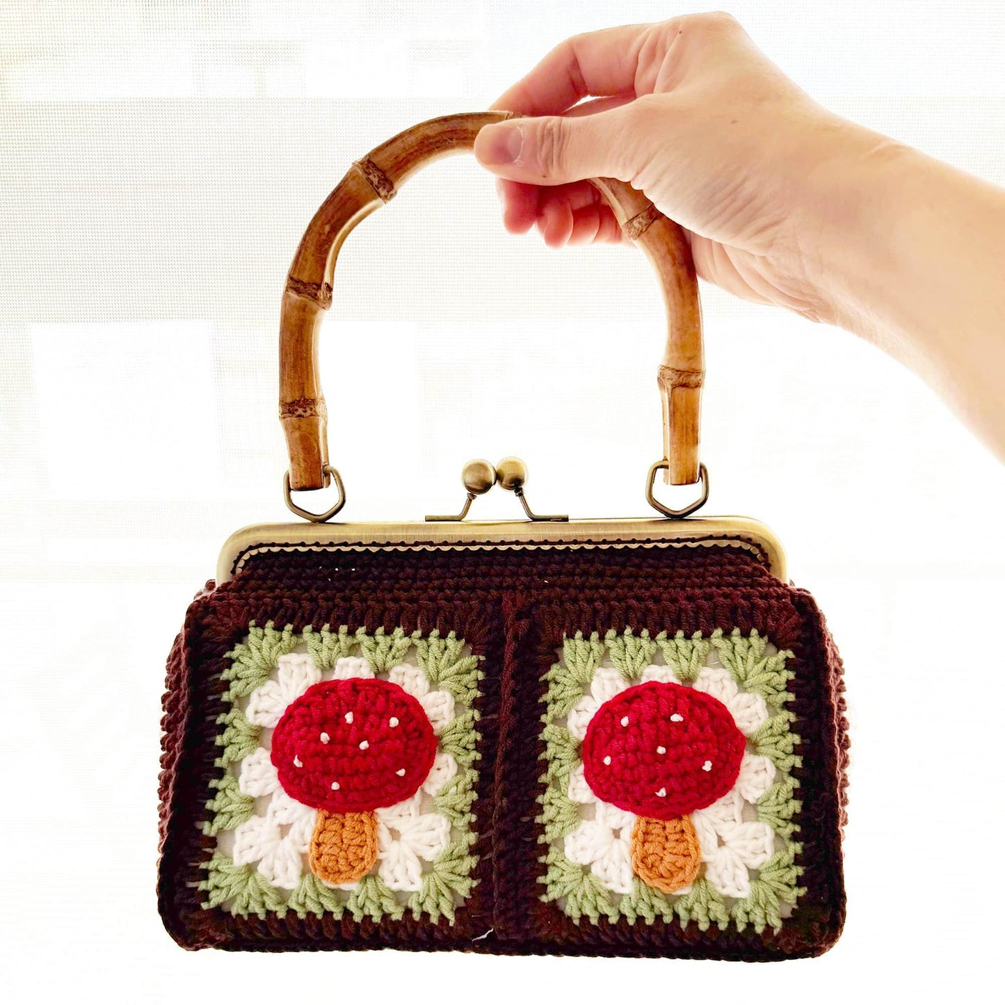 Handmade Crochet Mushroom Bamboo Pouch Clutch Bag | Red | Green | White | Brown | Granny Square Purse | Easter Accessory