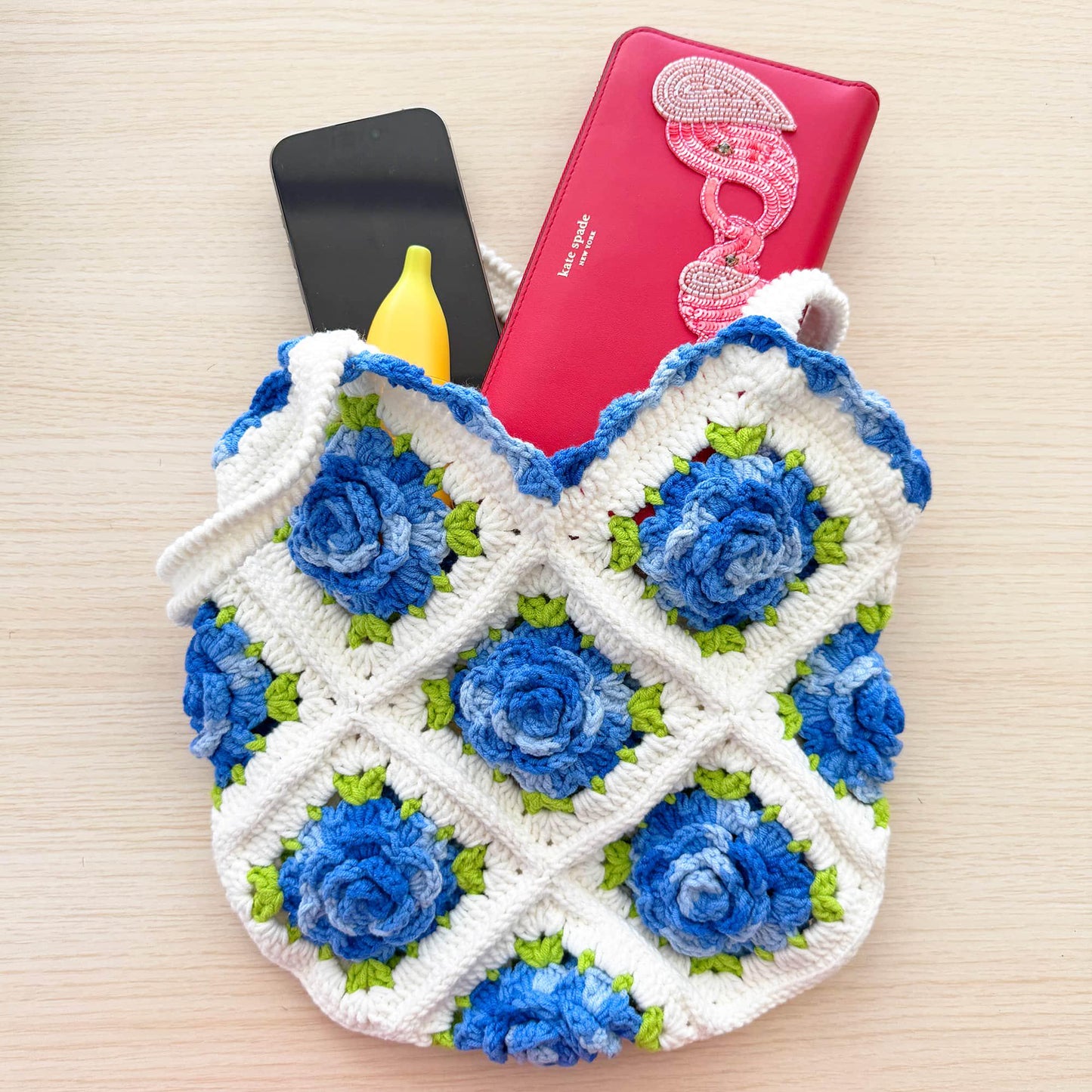 Handmade Crochet Blue Rose Granny Square Tote Bag | White Blue Green | Gift for Girlfriend Wife Mom | Craft Present | Grocery