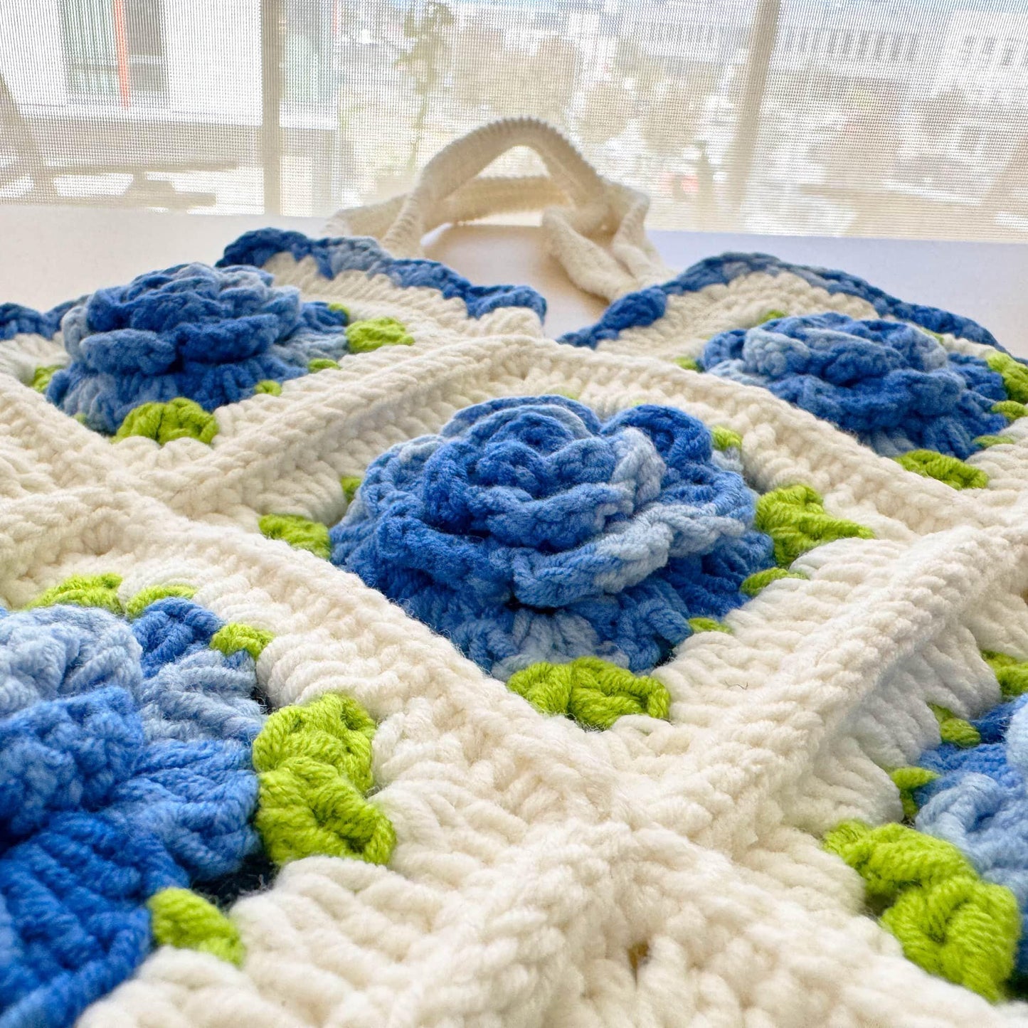 Handmade Crochet Blue Rose Granny Square Tote Bag | White Blue Green | Gift for Girlfriend Wife Mom | Craft Present | Grocery