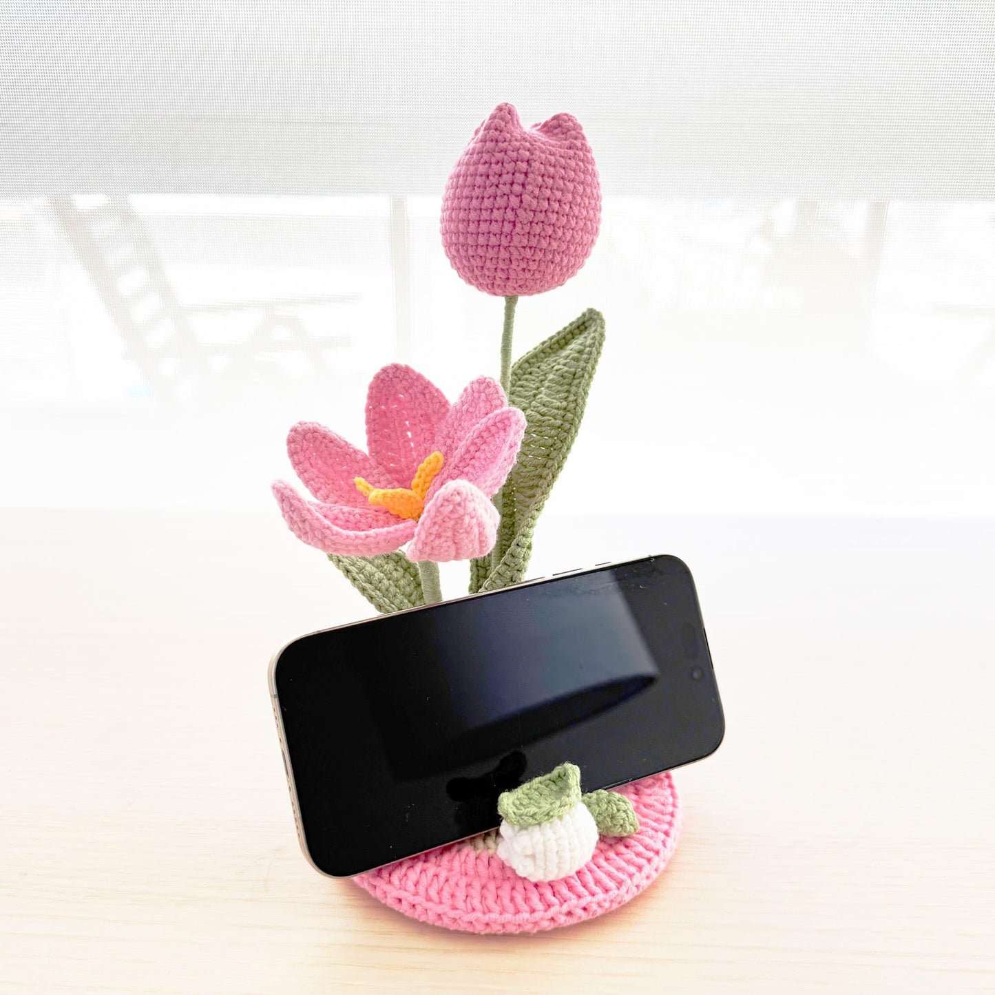 Handmade Crochet Tulip Phone Holder | Pink Phone Stand | Home Decor | Desk Center Piece | Graduation | Birthday | Mother's Day