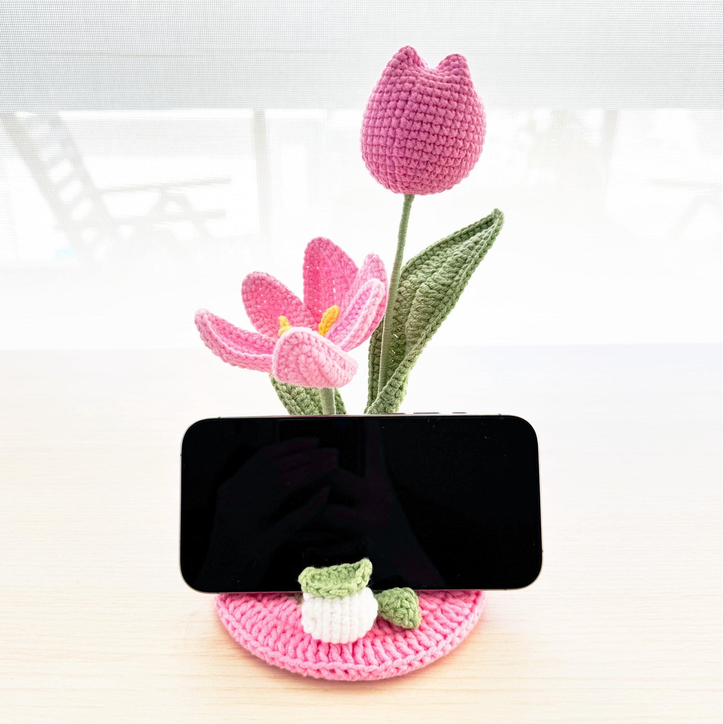 Handmade Crochet Tulip Phone Holder | Pink Phone Stand | Home Decor | Desk Center Piece | Graduation | Birthday | Mother's Day