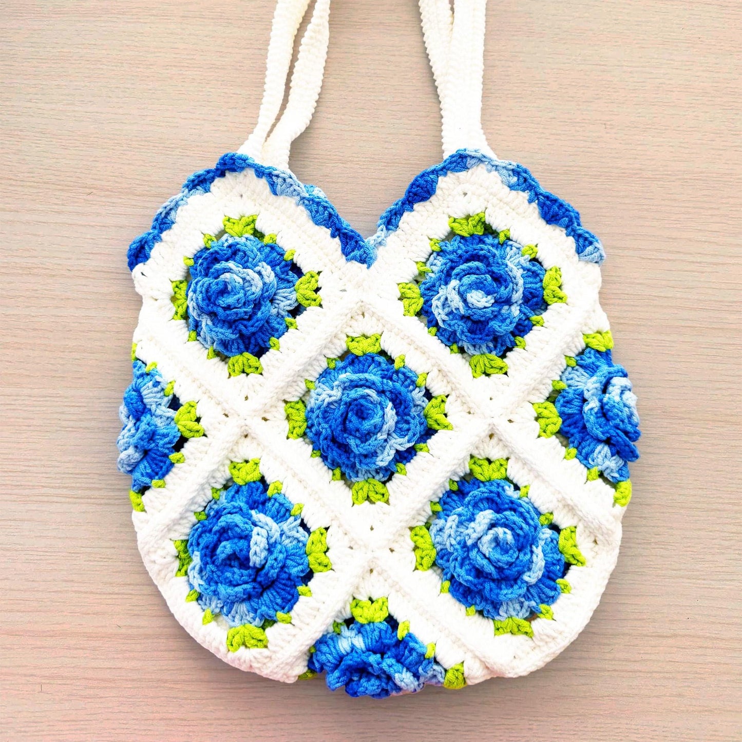 Handmade Crochet Blue Rose Granny Square Tote Bag | White Blue Green | Gift for Girlfriend Wife Mom | Craft Present | Grocery