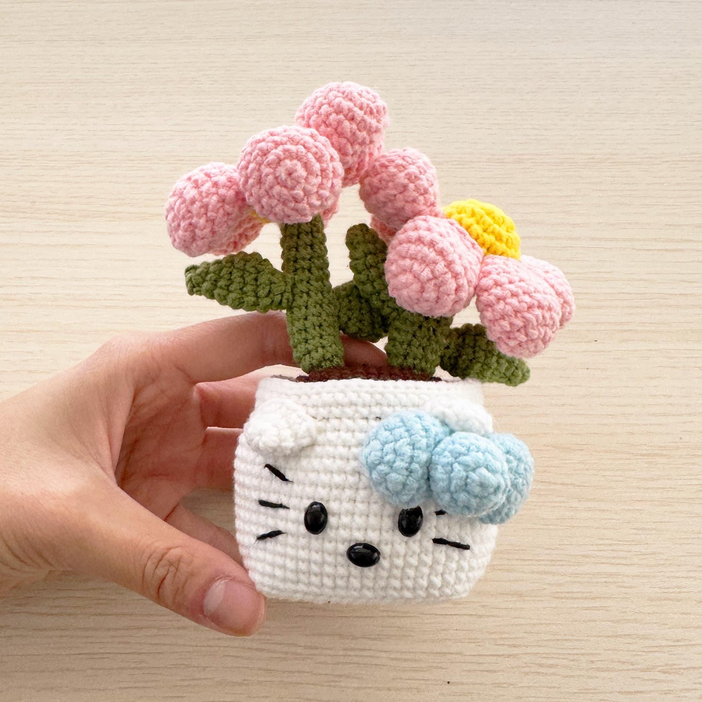 Handmade Crochet Kitty Flower Pot | Cute Plush Decor | Kawaii Yarn Flowers | Pink White Blue | Gift for Children Kids | Cat Plant Pot