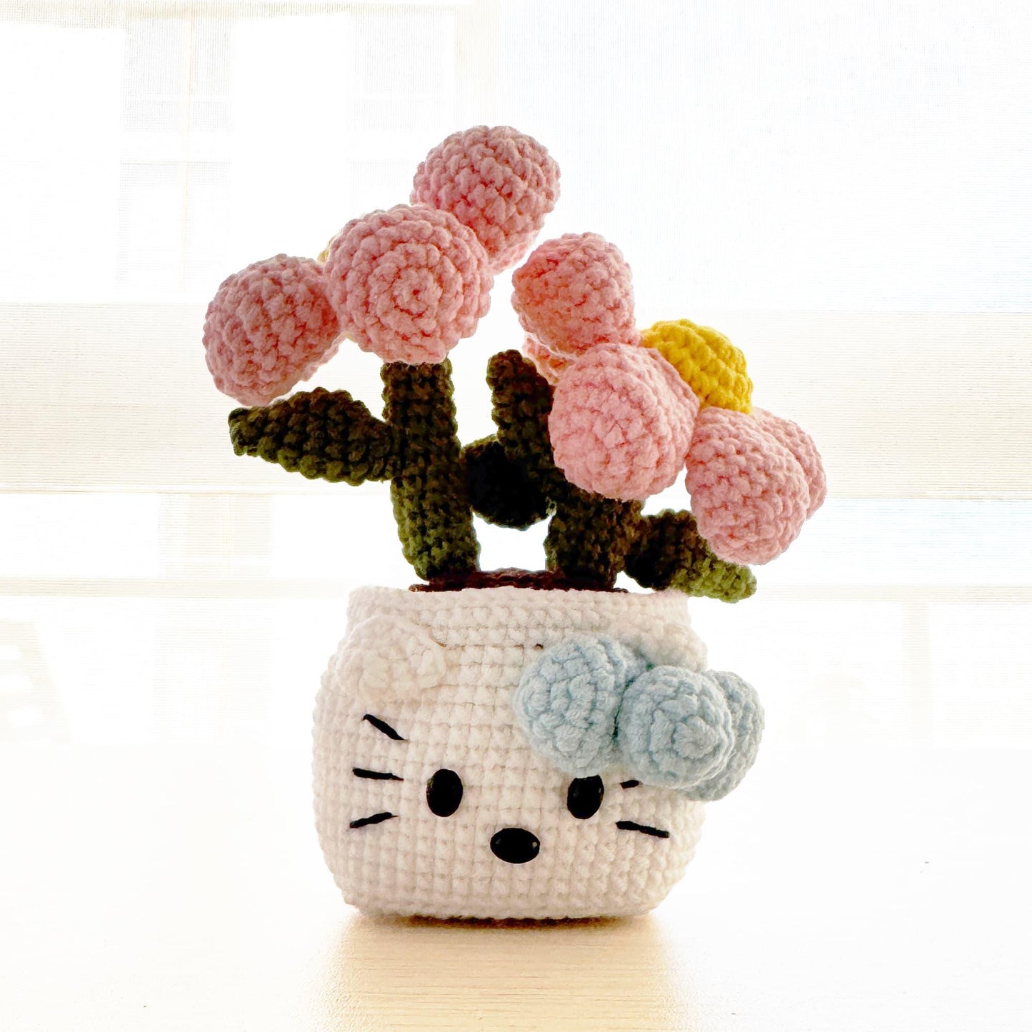 Handmade Crochet Kitty Flower Pot | Cute Plush Decor | Kawaii Yarn Flowers | Pink White Blue | Gift for Children Kids | Cat Plant Pot