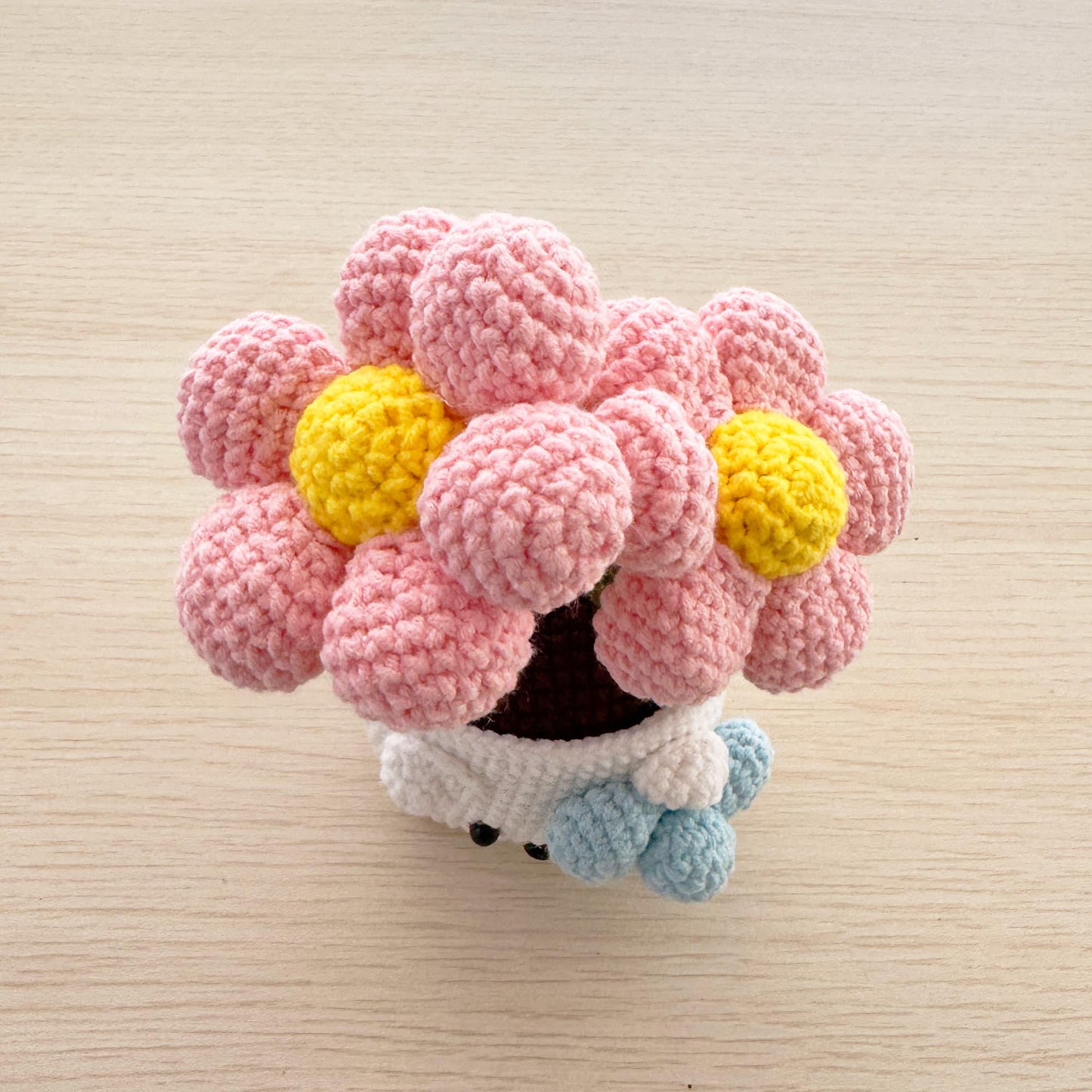 Handmade Crochet Kitty Flower Pot | Cute Plush Decor | Kawaii Yarn Flowers | Pink White Blue | Gift for Children Kids | Cat Plant Pot