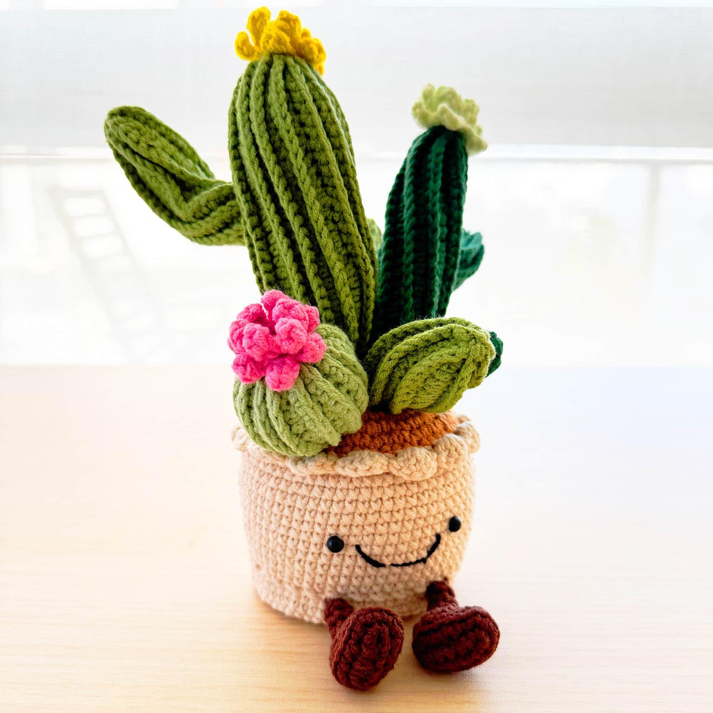 Handmade Crochet Cactus Smiley Pot | Flower Doll | Green | Beige | Home Decor | Gift for Kids Girl Friend | Cute Plushie