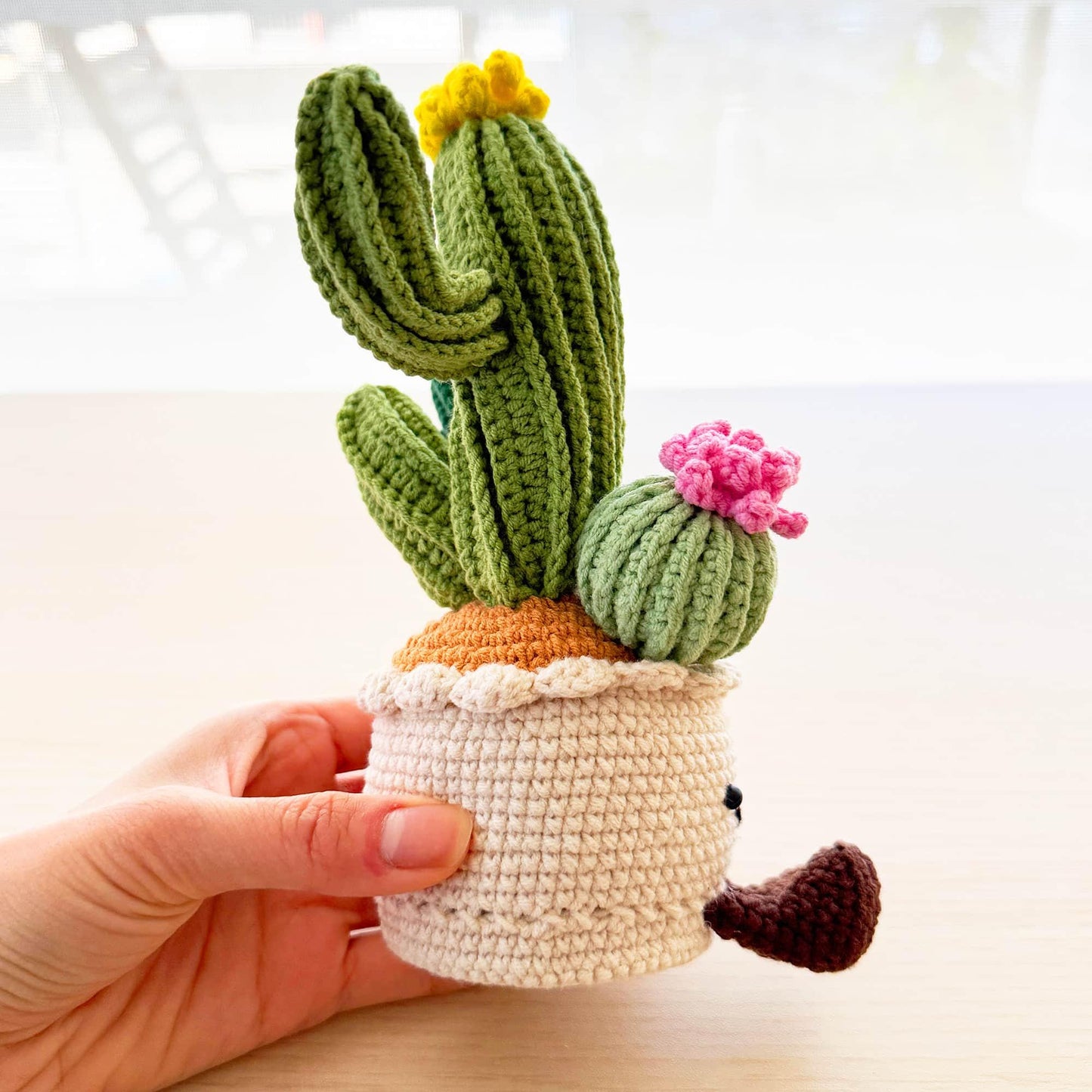 Handmade Crochet Cactus Smiley Pot | Flower Doll | Green | Beige | Home Decor | Gift for Kids Girl Friend | Cute Plushie