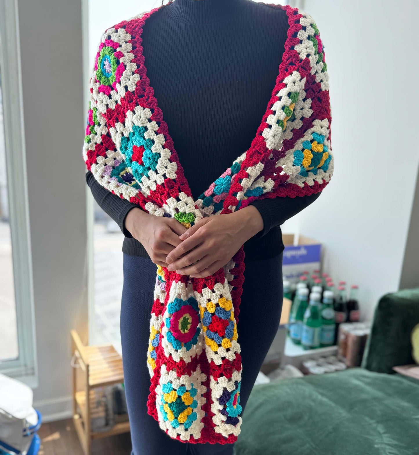 Handmade Crochet Granny Square Scarf: Burgundy & White Winter Shawl