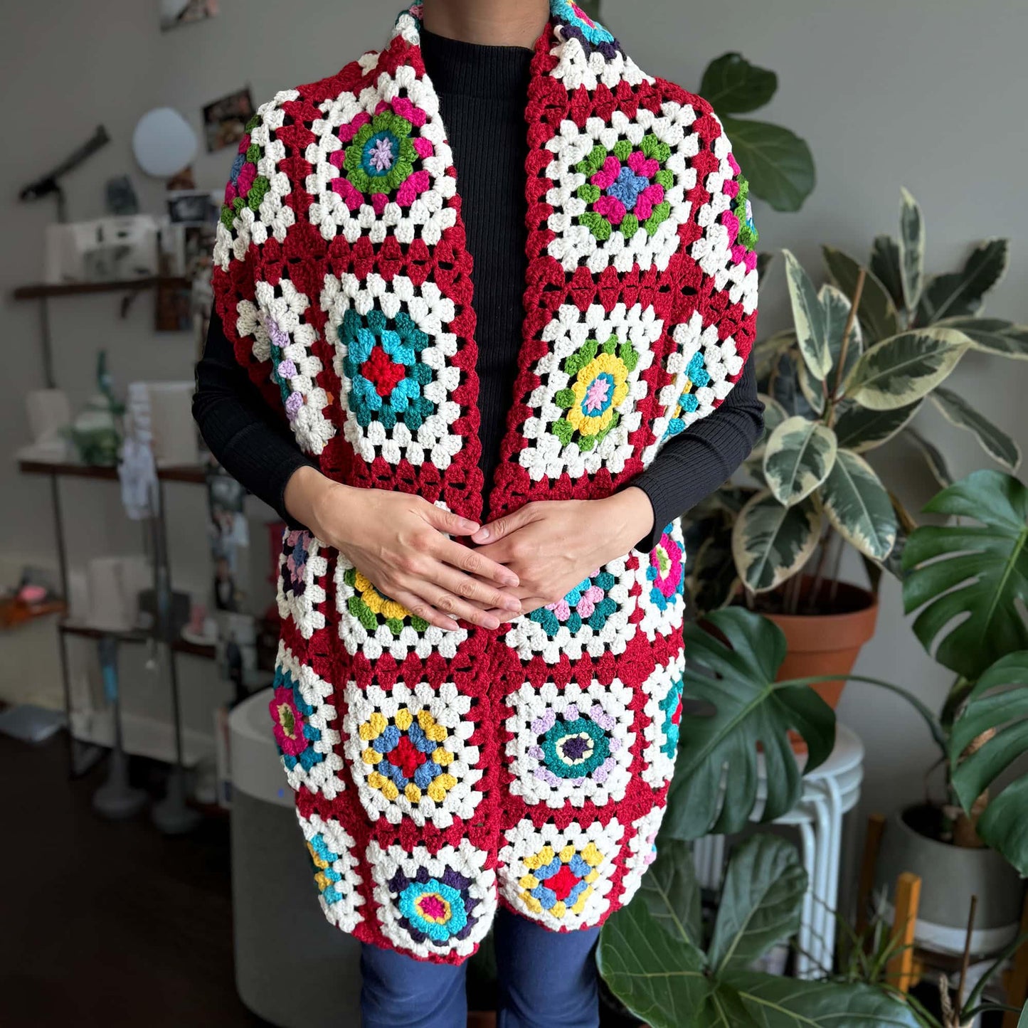 Handmade Crochet Big Granny Square Wrap Scarf | Shawl | Burgundy White | Winter | Christmas Gift for Girlfriend Wife Mom | Knitted Fashion