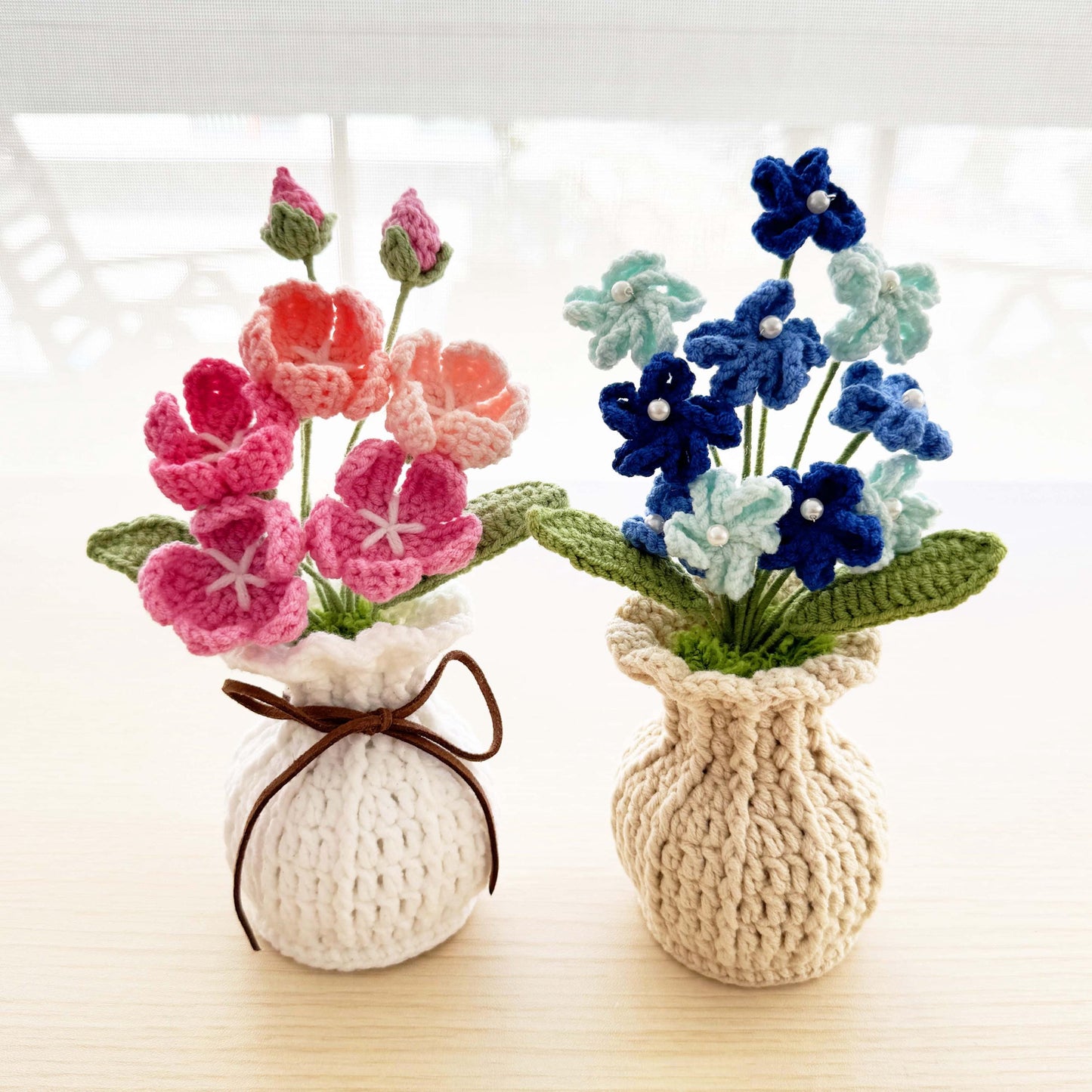 Handmade Crochet Primroses Vase: Pink & White Yarn Flowers