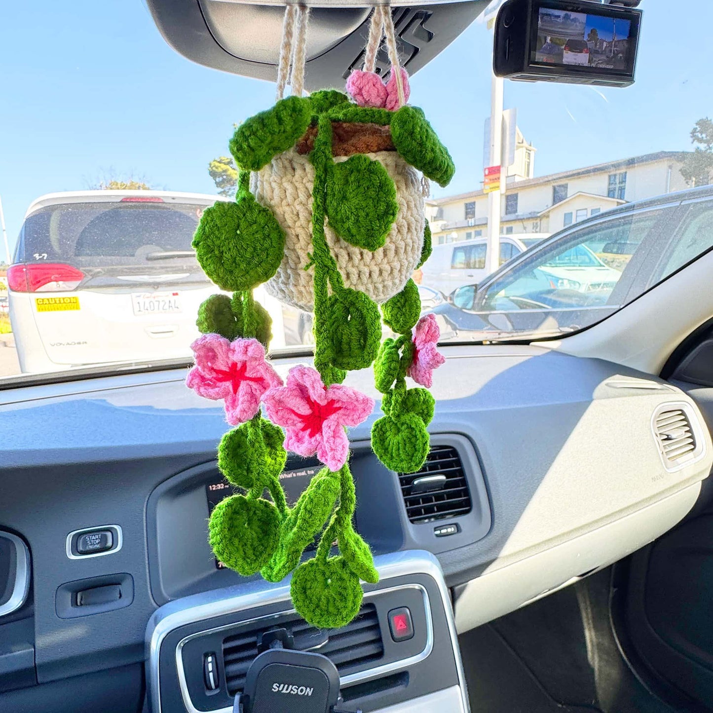Handmade Crochet Hanging Plant | Car Mirror Decor | Pink Flower Pot | Cute Car Accessory | Crochet Flowers | Boho Car Charm