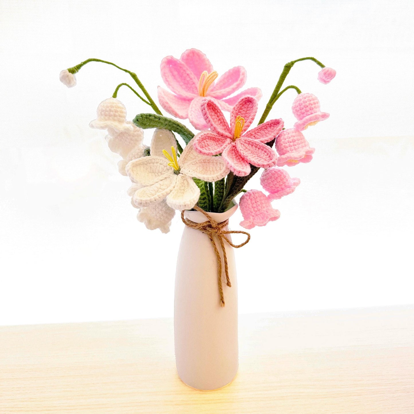 Handmade Crochet Lily of the Valley Tulip Bouquet (no vase) | Crocheted Lily-of-the-valley Stem | Artificial Flower | Vase is not included