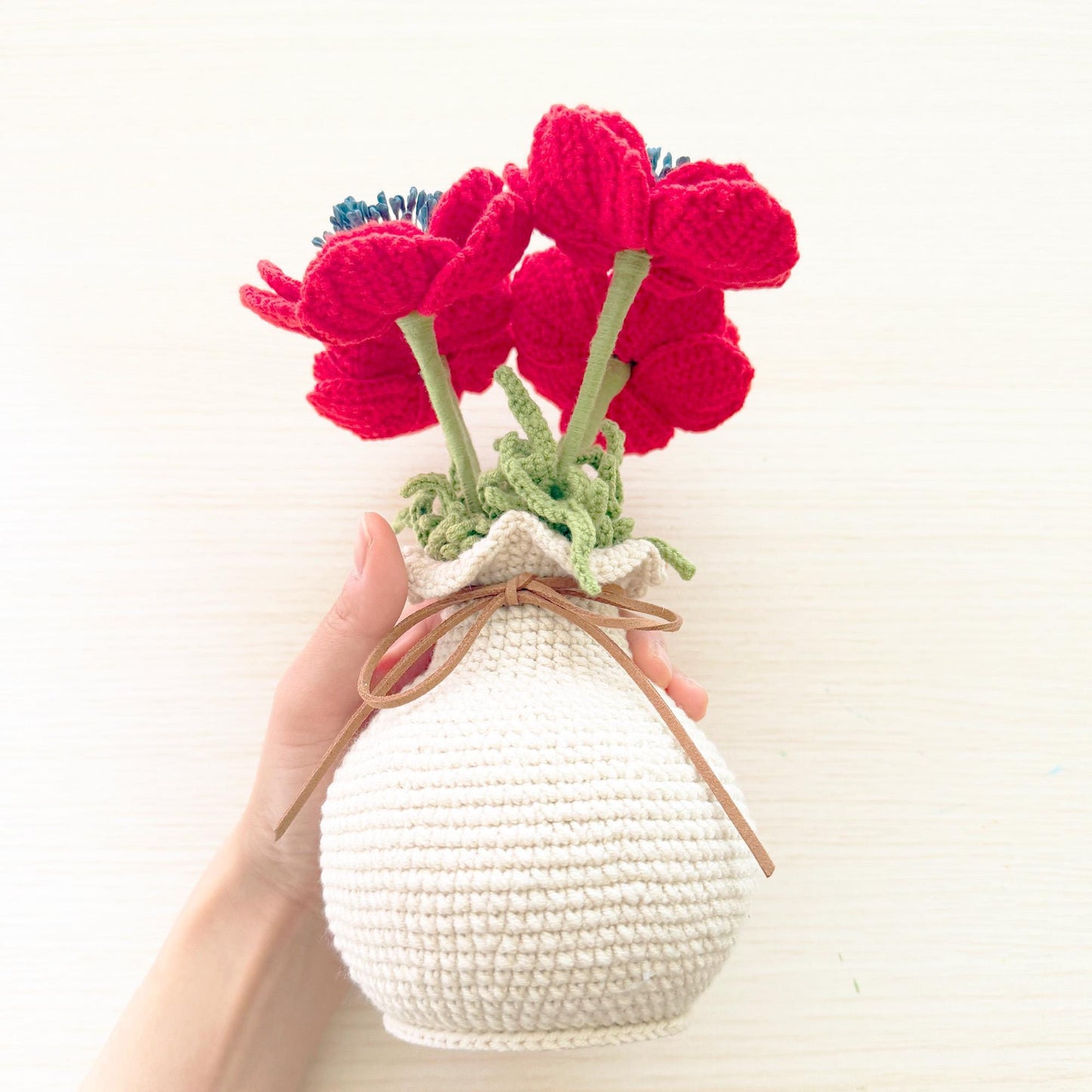 Handmade Crochet Anemone Flower Vase | Red Poppy Decor | Yarn Bouquet | Crochet Flowers | Home Decor | Romantic Gift | Desk Accent