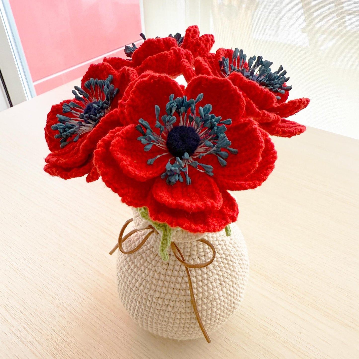 Handmade Crochet Anemone Flower Vase | Red Poppy Decor | Yarn Bouquet | Crochet Flowers | Home Decor | Romantic Gift | Desk Accent