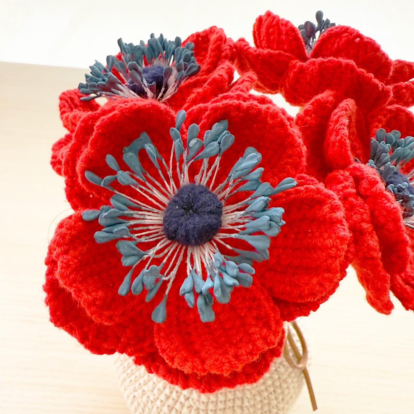 Handmade Crochet Anemone Flower Vase | Red Poppy Decor | Yarn Bouquet | Crochet Flowers | Home Decor | Romantic Gift | Desk Accent