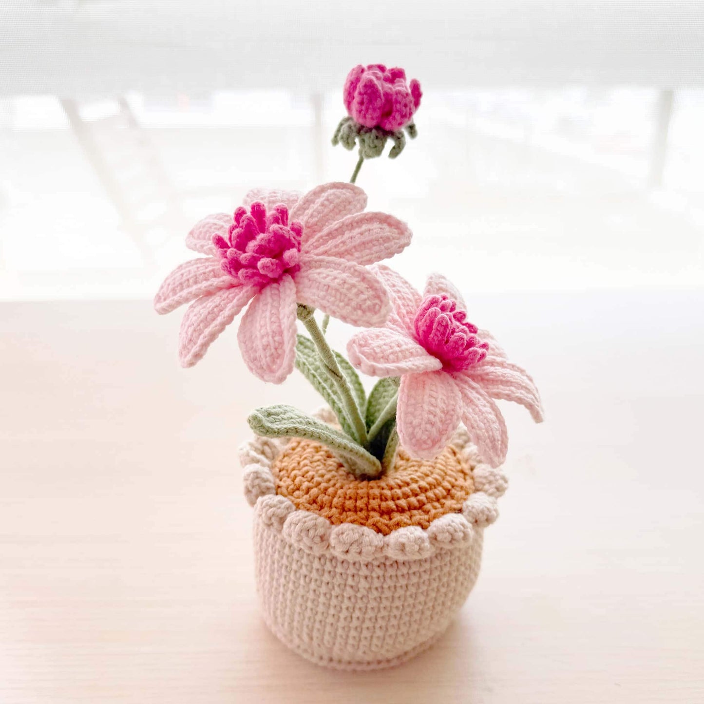 Handmade Crochet Aster Flower Pot: Cotton Yarn Daisy Decor