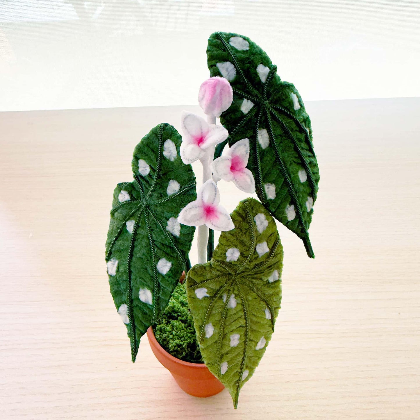 Handmade Pipe Cleaner Begonia Maculata | Polka Dot Plant Decor | Embroidered Houseplant Gift | Faux Potted Leaf Art | Flamingo Queen
