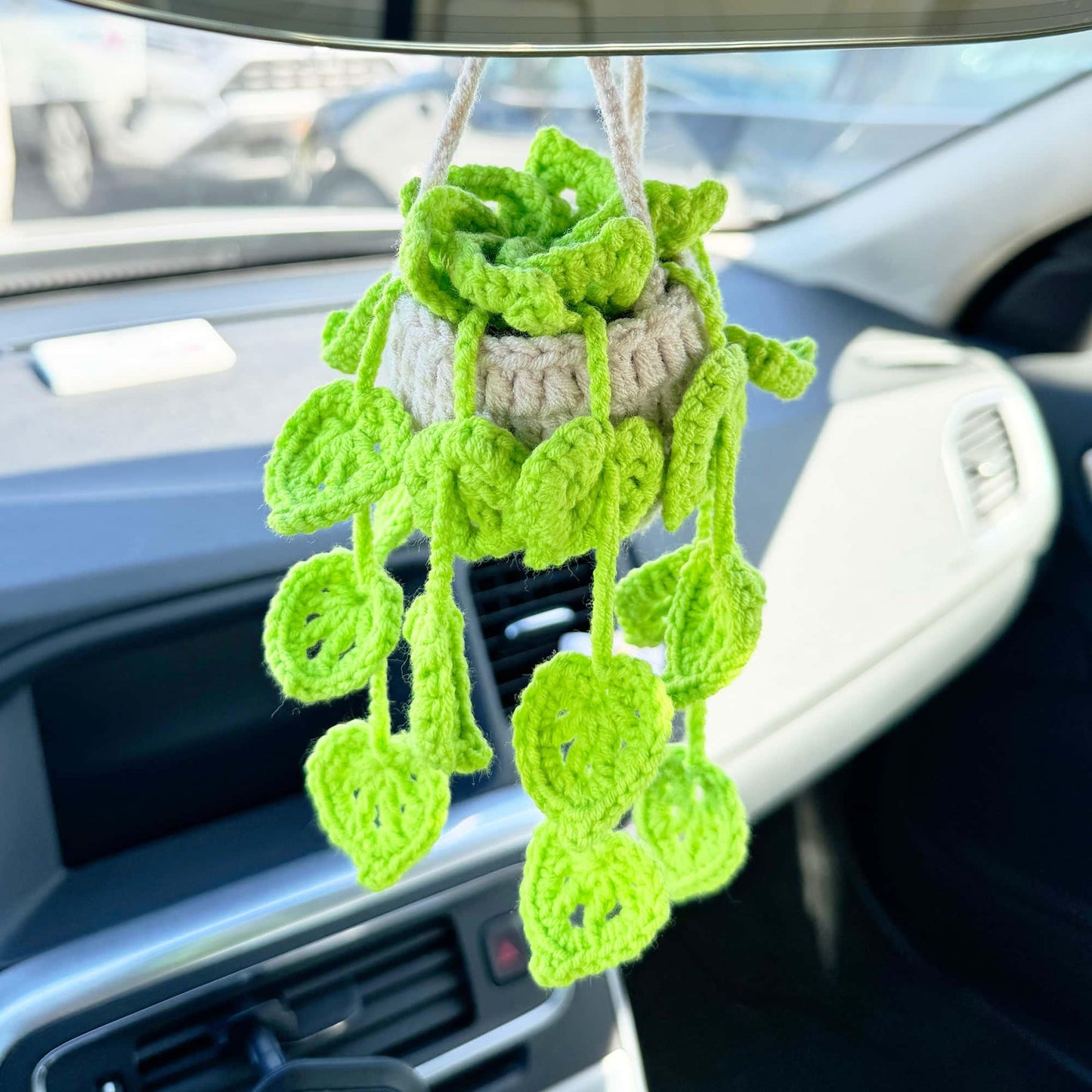 Handmade Crochet Hanging Plant | Car Rearview Mirror Decor | Green Leaf Car Charm | Cute Crochet Plant | Mini Pot | Car Accessories