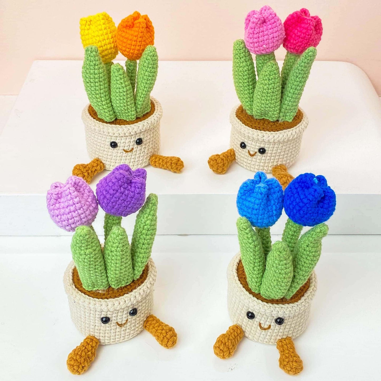 Handmade Crochet Tulip Flower Smiley Pot | Pink | Purple | Blue | Orange | Gift for Kids Children | Artificial Plant | Flowers Arrangement