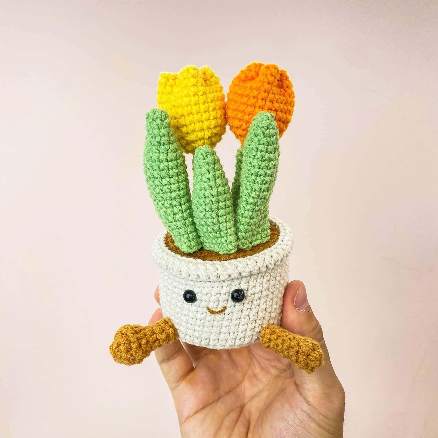 Handmade Crochet Tulip Flower Smiley Pot | Pink | Purple | Blue | Orange | Gift for Kids Children | Artificial Plant | Flowers Arrangement
