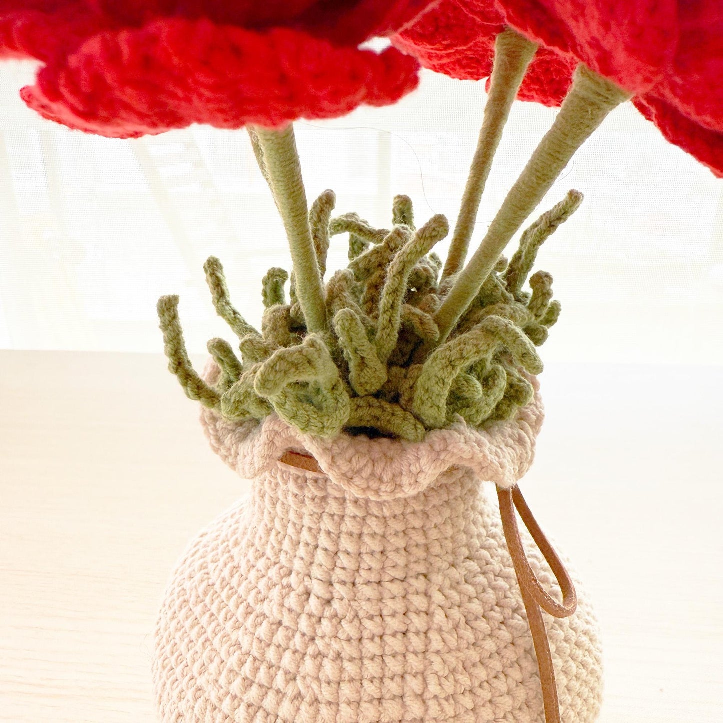 Handmade Crochet Anemone Flower Vase | Red Poppy Decor | Yarn Bouquet | Crochet Flowers | Home Decor | Romantic Gift | Desk Accent