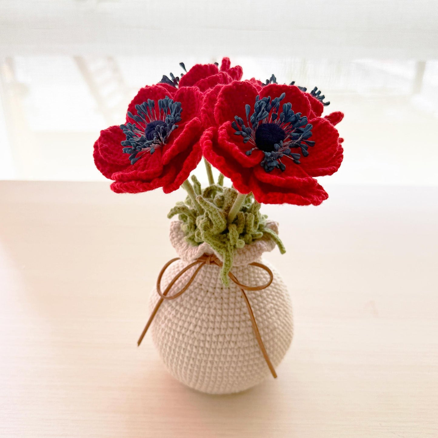 Handmade Crochet Anemone Flower Vase | Red Poppy Decor | Yarn Bouquet | Crochet Flowers | Home Decor | Romantic Gift | Desk Accent