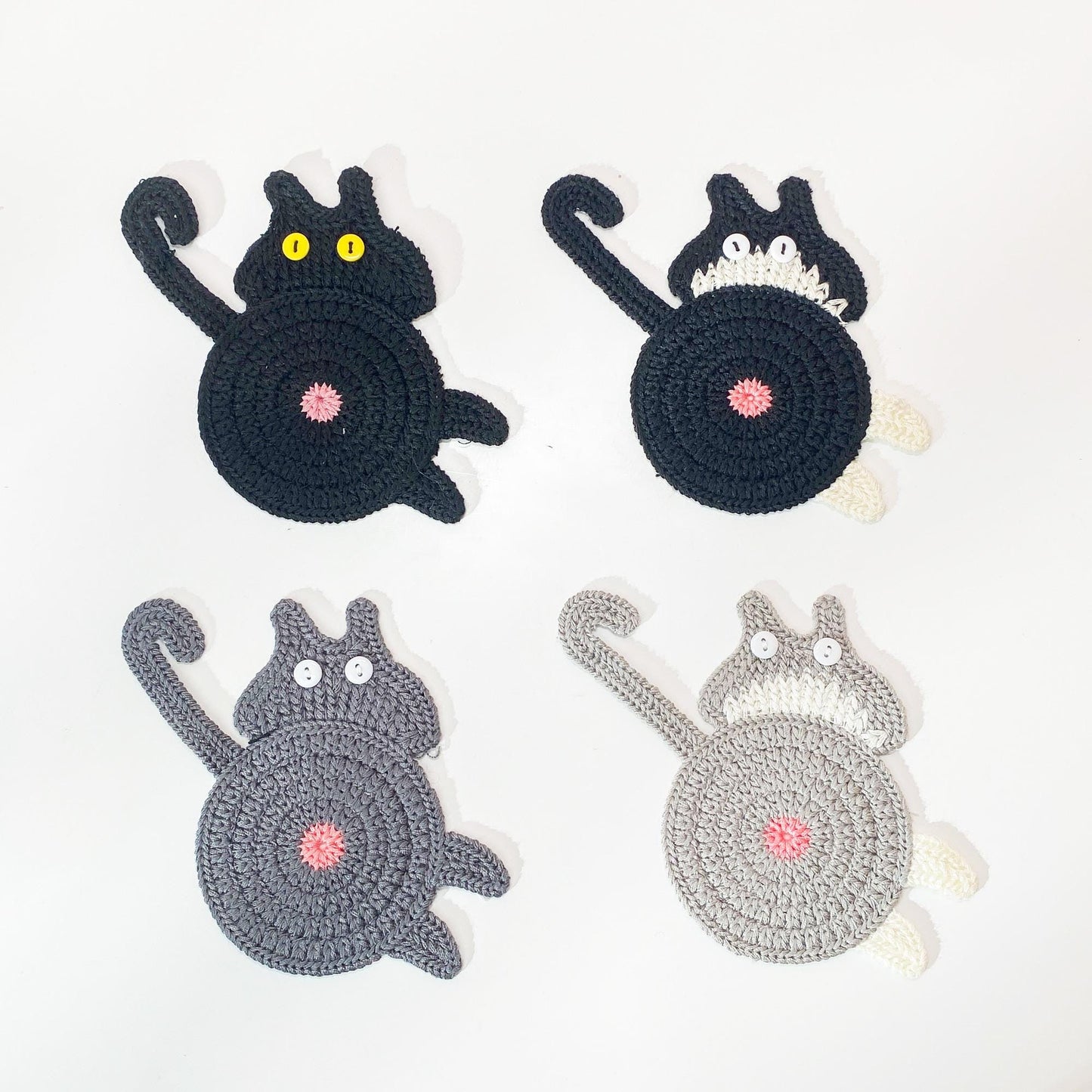 Set of 4 Funny Cat Butt Coaster Set (Machine Made) | Yarn Drink Mat | Cat Lover Gift | Animal Coaster | Quirky Home Decor