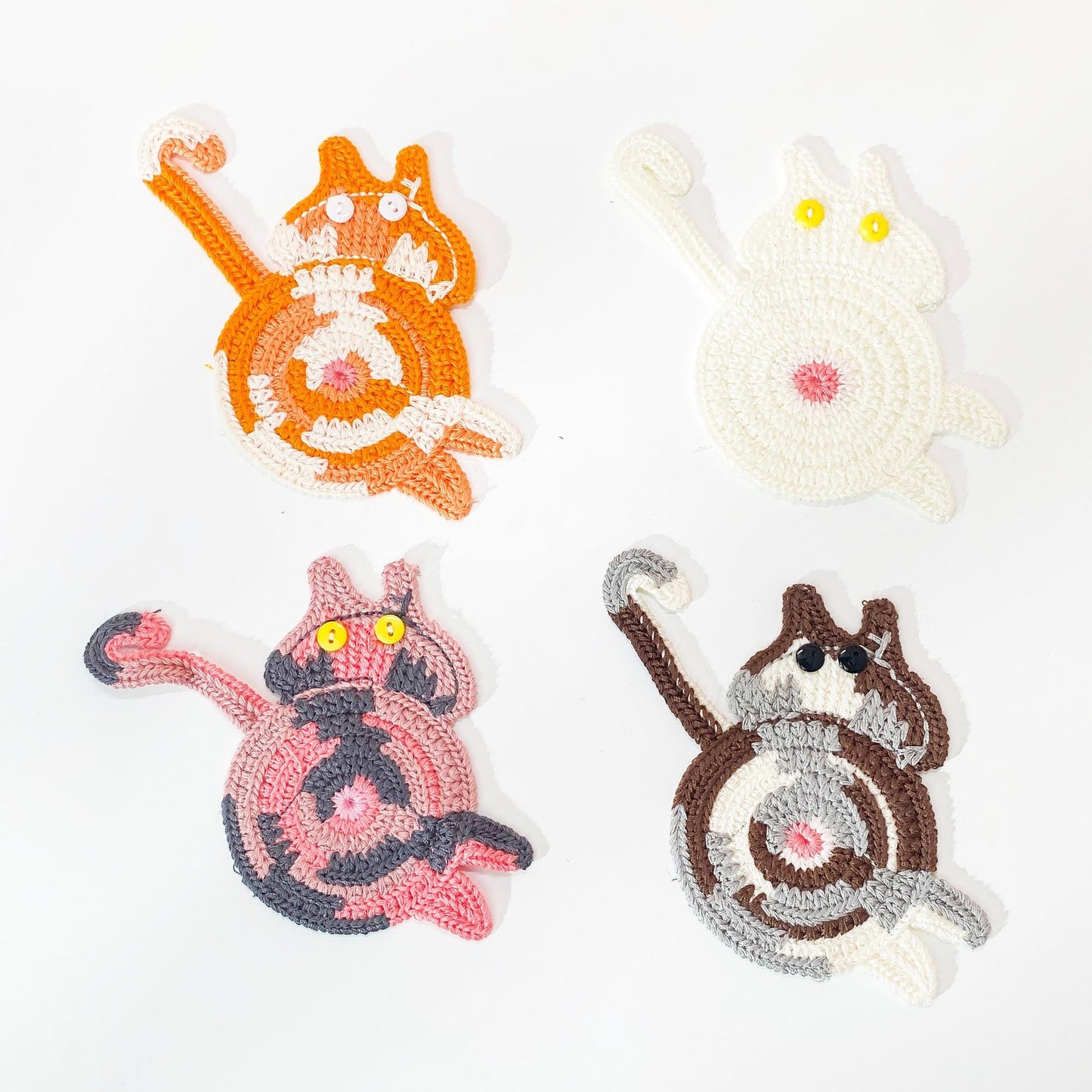 Set of 4 Funny Cat Butt Coaster Set (Machine Made) | Yarn Drink Mat | Cat Lover Gift | Animal Coaster | Quirky Home Decor