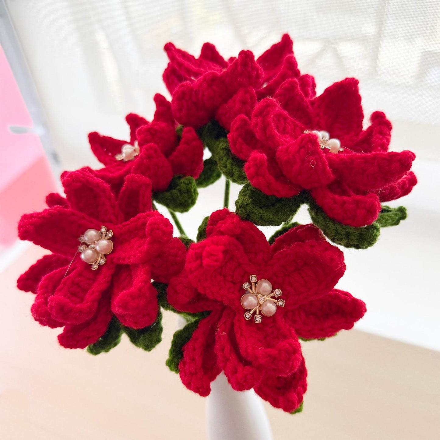 ONE Stem Handmade Crochet Poinsettia | Christmas Flower Decor | Festive Red Bloom | Holiday Decoration | Winter Yarn Plant | Home Decor