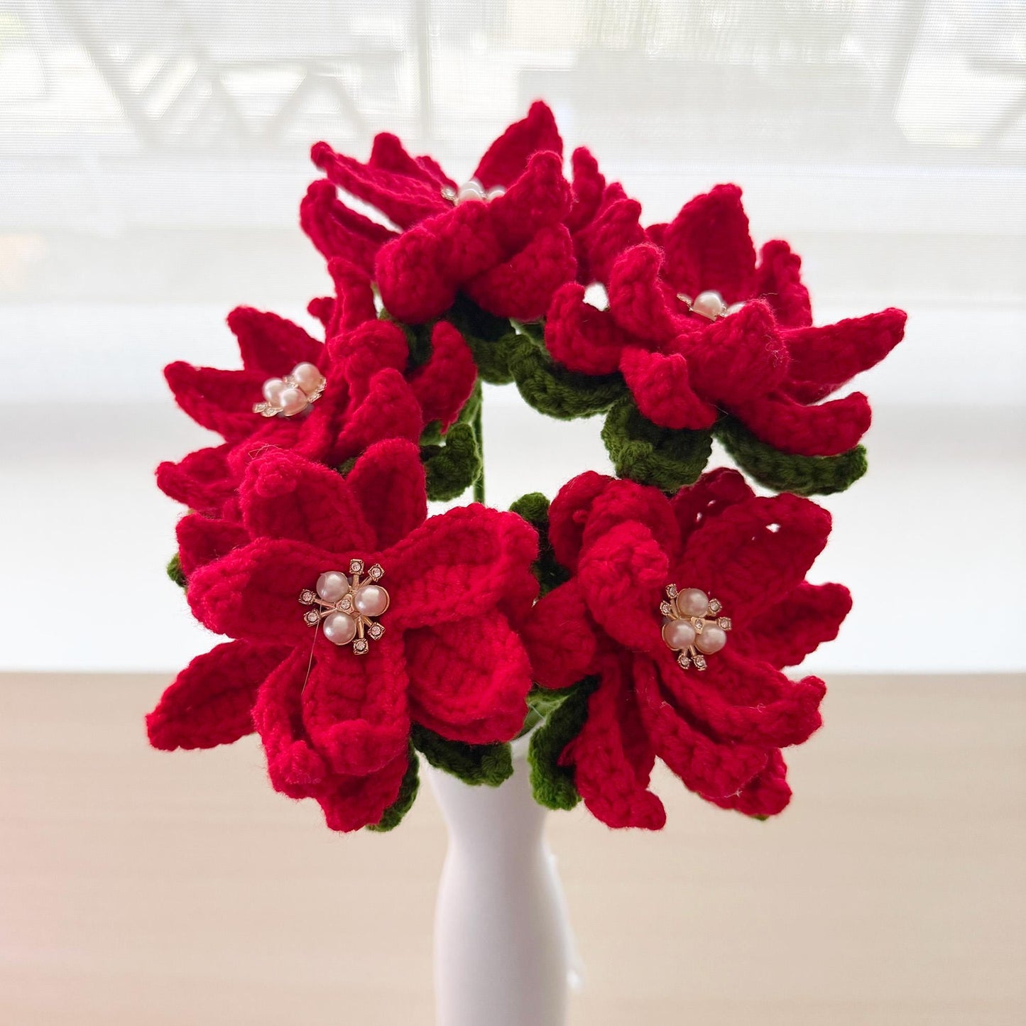 ONE Stem Handmade Crochet Poinsettia | Christmas Flower Decor | Festive Red Bloom | Holiday Decoration | Winter Yarn Plant | Home Decor