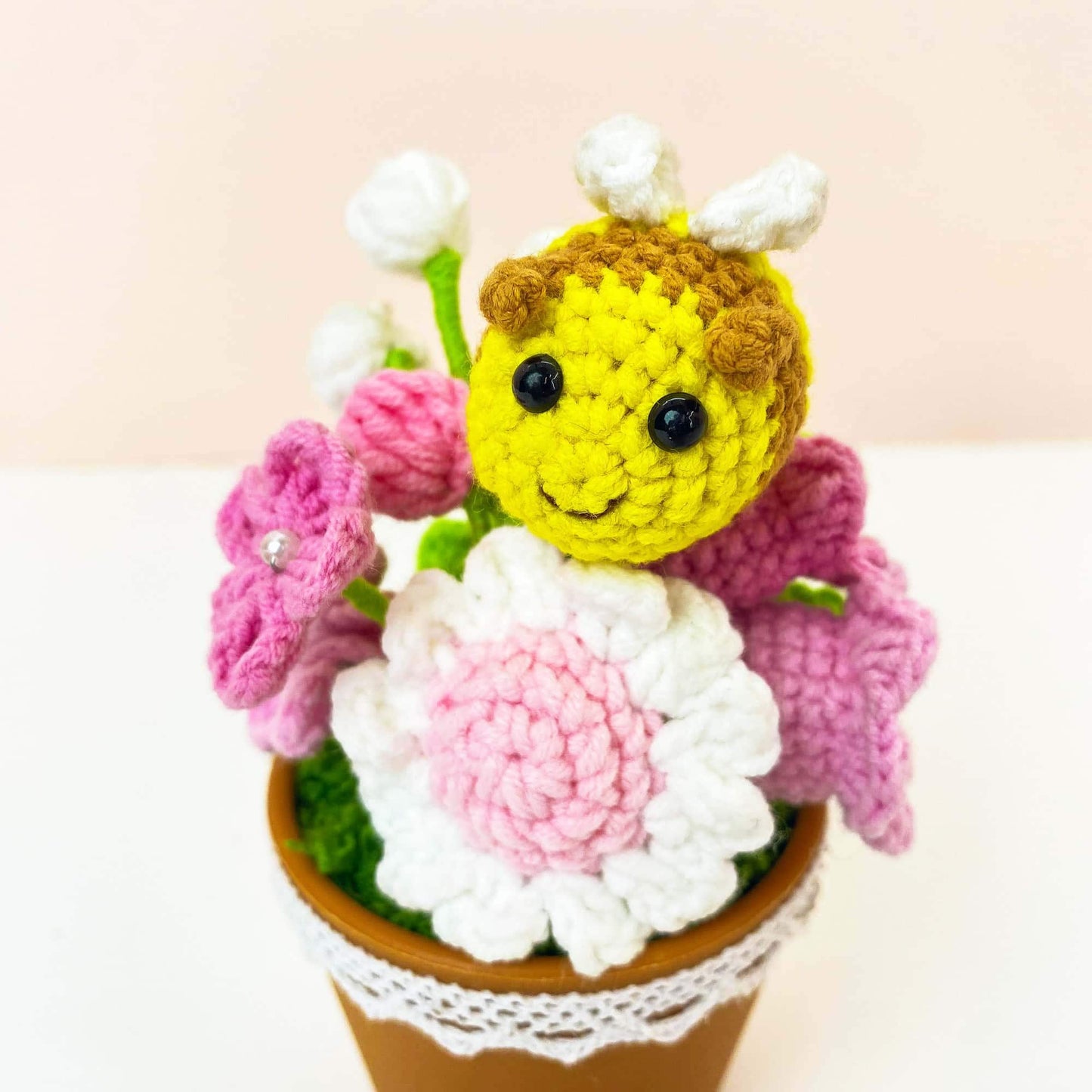 Pre-order Handmade Crochet Bee Flower Pot | Cute Bee Decor | Pink Crochet Flowers | Spring Decor | Flower Arrangement | Home Gift | Desk