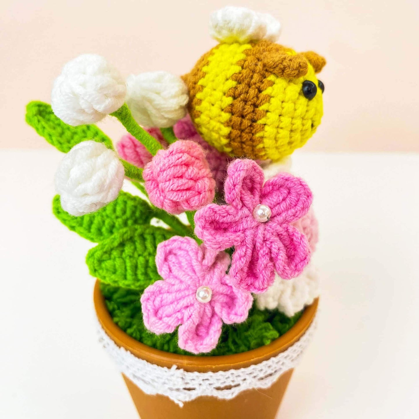 Pre-order Handmade Crochet Bee Flower Pot | Cute Bee Decor | Pink Crochet Flowers | Spring Decor | Flower Arrangement | Home Gift | Desk