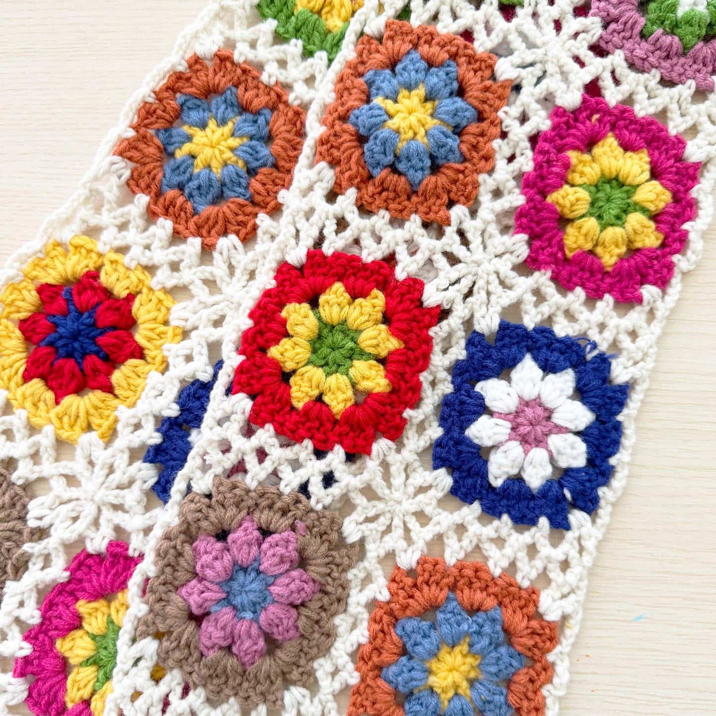 Handmade Crochet Granny Square Scarf | Black Red Yellow Green Blue | Winter Gift for Girlfriend Wife Mom | Craft Present | Knitted Fashion