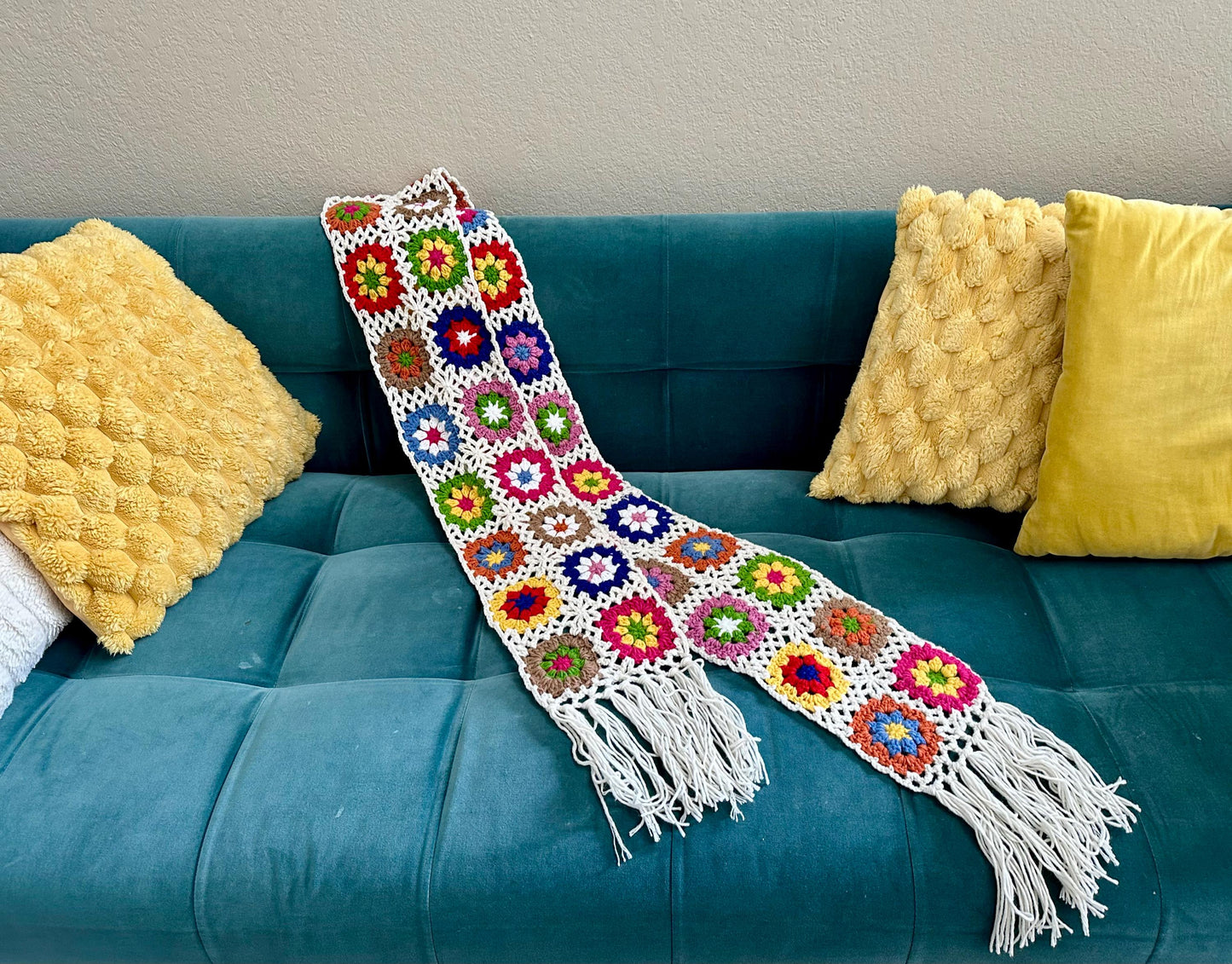 Handmade Crochet Granny Square Scarf | Black Red Yellow Green Blue | Winter Gift for Girlfriend Wife Mom | Craft Present | Knitted Fashion