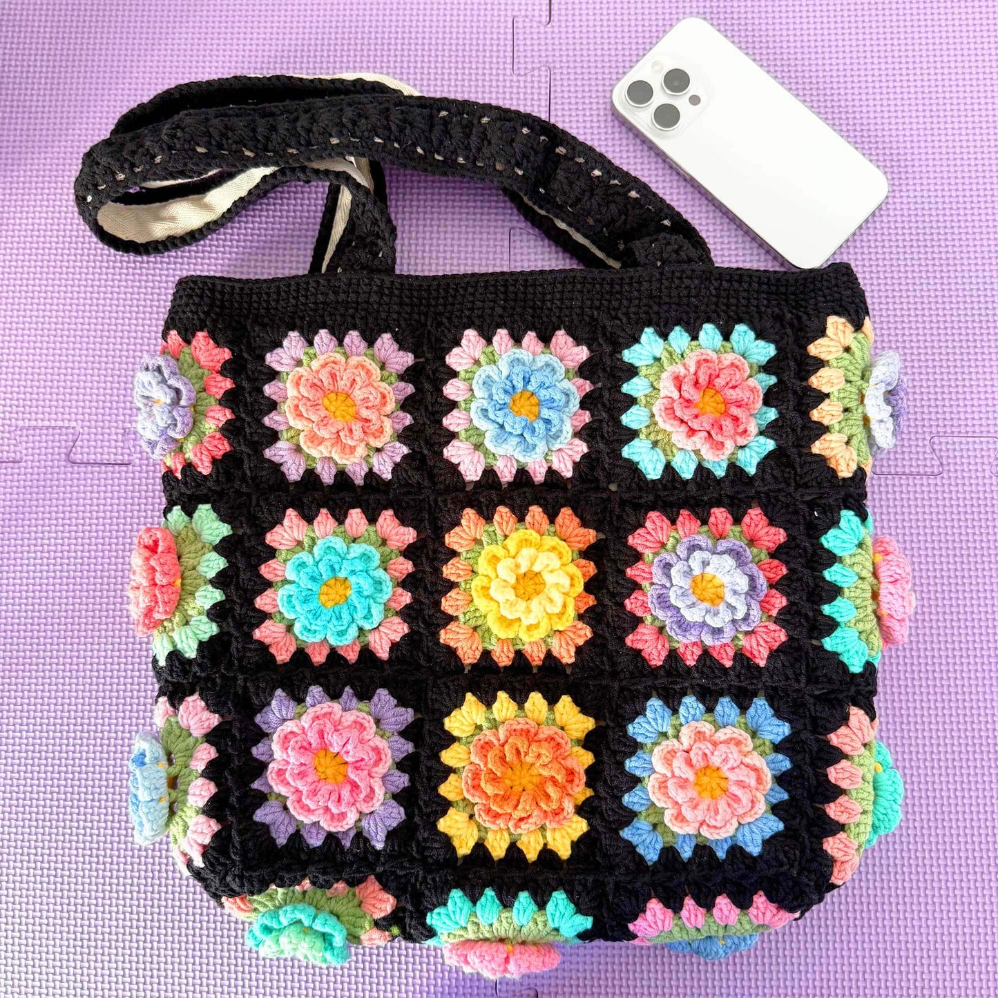 Pre-order Handmade Crochet Granny Square Bag | Retro Flower Tote | Colorful Boho Purse | Black Crochet Tote | Festival Bag | Yarn Flower Bag