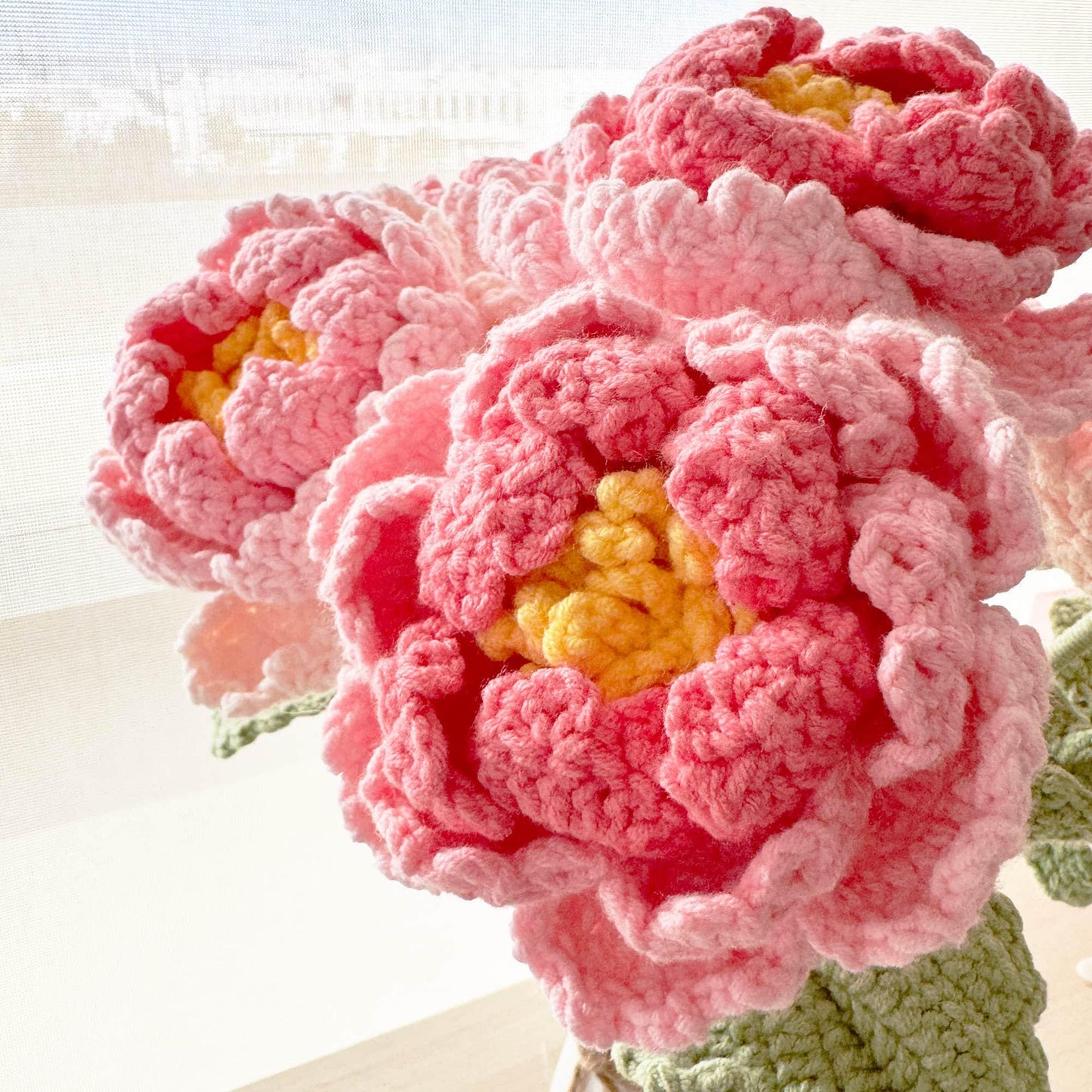 Handmade Crochet Peony Flower Stems (no vase) | Pink | Bouquet | Gift for Mom Girlfriend Teacher | Artificial Plant | Flowers Arrangement