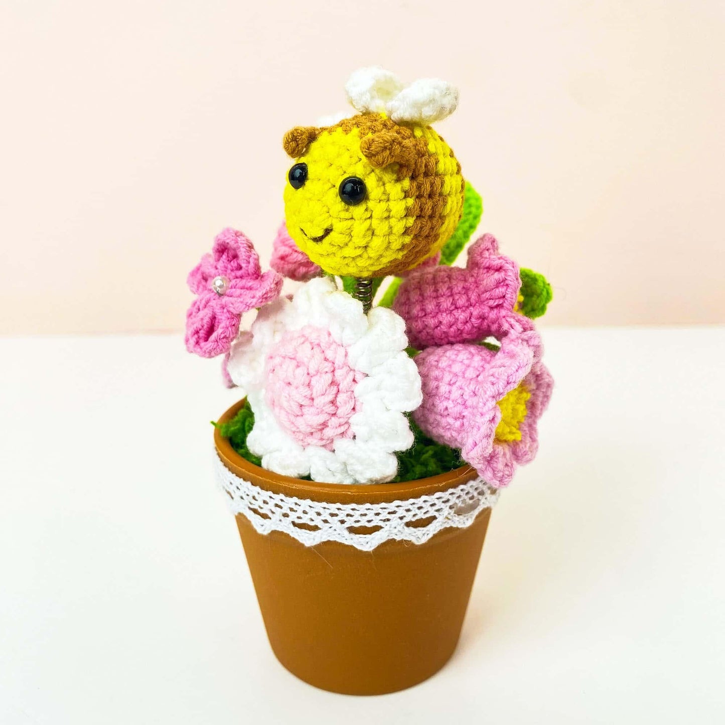 Pre-order Handmade Crochet Bee Flower Pot | Cute Bee Decor | Pink Crochet Flowers | Spring Decor | Flower Arrangement | Home Gift | Desk