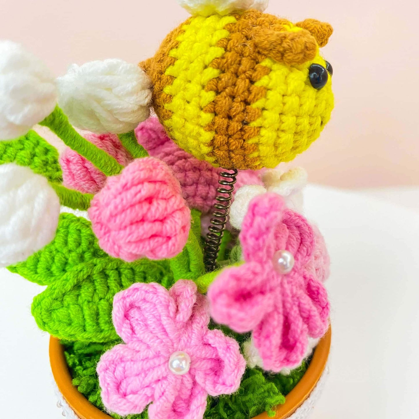 Pre-order Handmade Crochet Bee Flower Pot | Cute Bee Decor | Pink Crochet Flowers | Spring Decor | Flower Arrangement | Home Gift | Desk