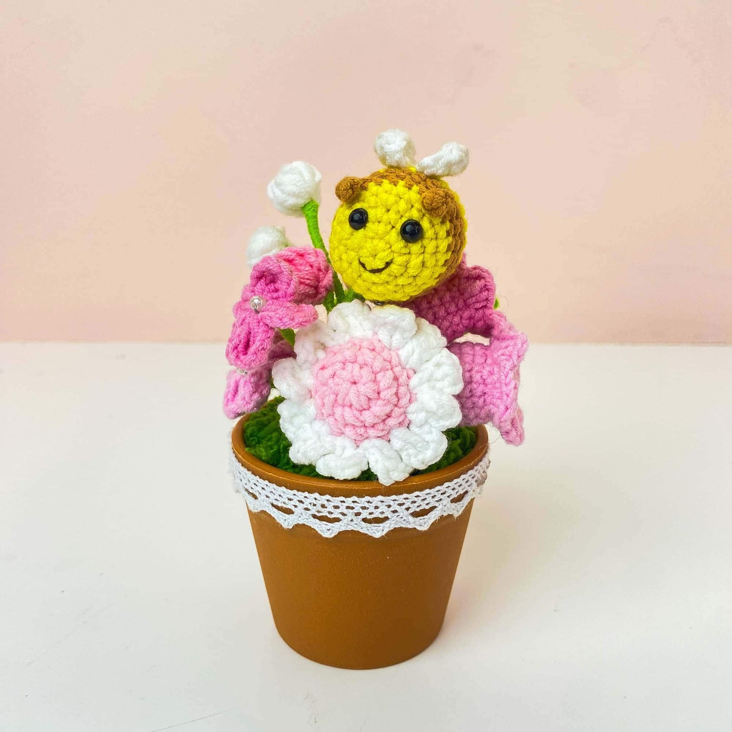 Pre-order Handmade Crochet Bee Flower Pot | Cute Bee Decor | Pink Crochet Flowers | Spring Decor | Flower Arrangement | Home Gift | Desk