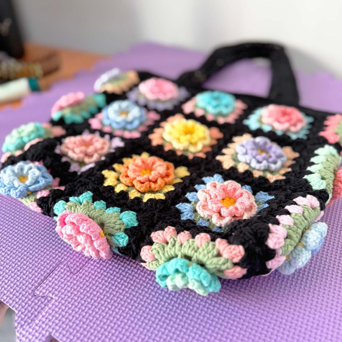 Pre-order Handmade Crochet Granny Square Bag | Retro Flower Tote | Colorful Boho Purse | Black Crochet Tote | Festival Bag | Yarn Flower Bag