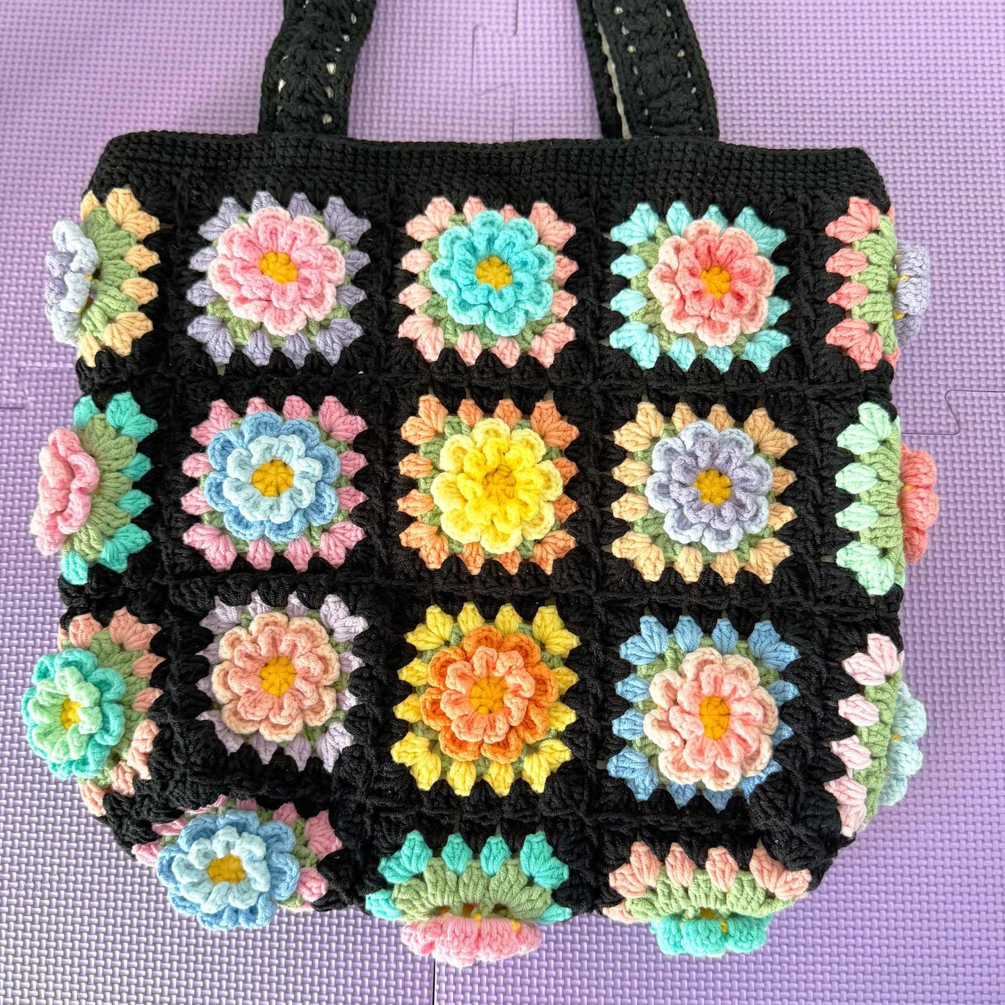 Pre-order Handmade Crochet Granny Square Bag | Retro Flower Tote | Colorful Boho Purse | Black Crochet Tote | Festival Bag | Yarn Flower Bag