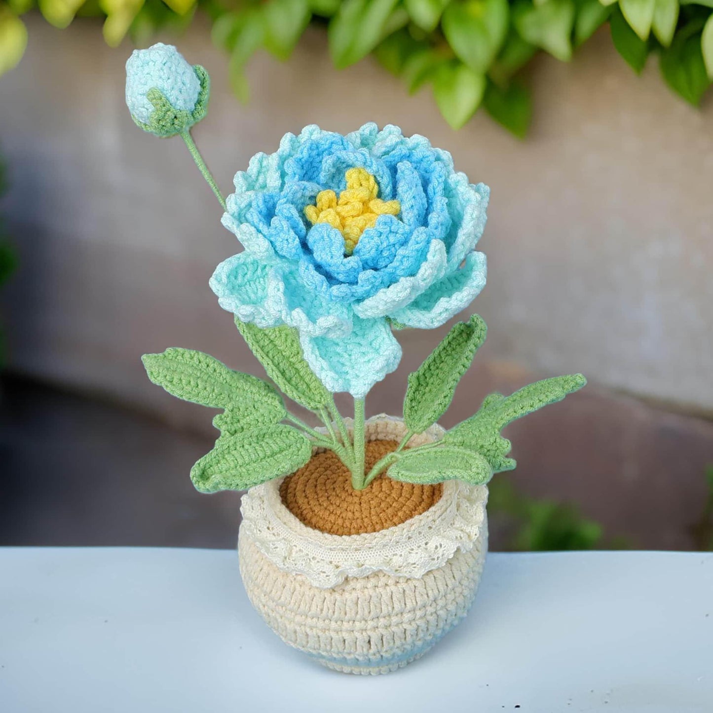 Handmade Crochet Peony Flower Pot | Pink | Yellow | Blue | Purple | Home Decor | Gift for Mom Girlfriend Women Teacher | Dried Fake Plant